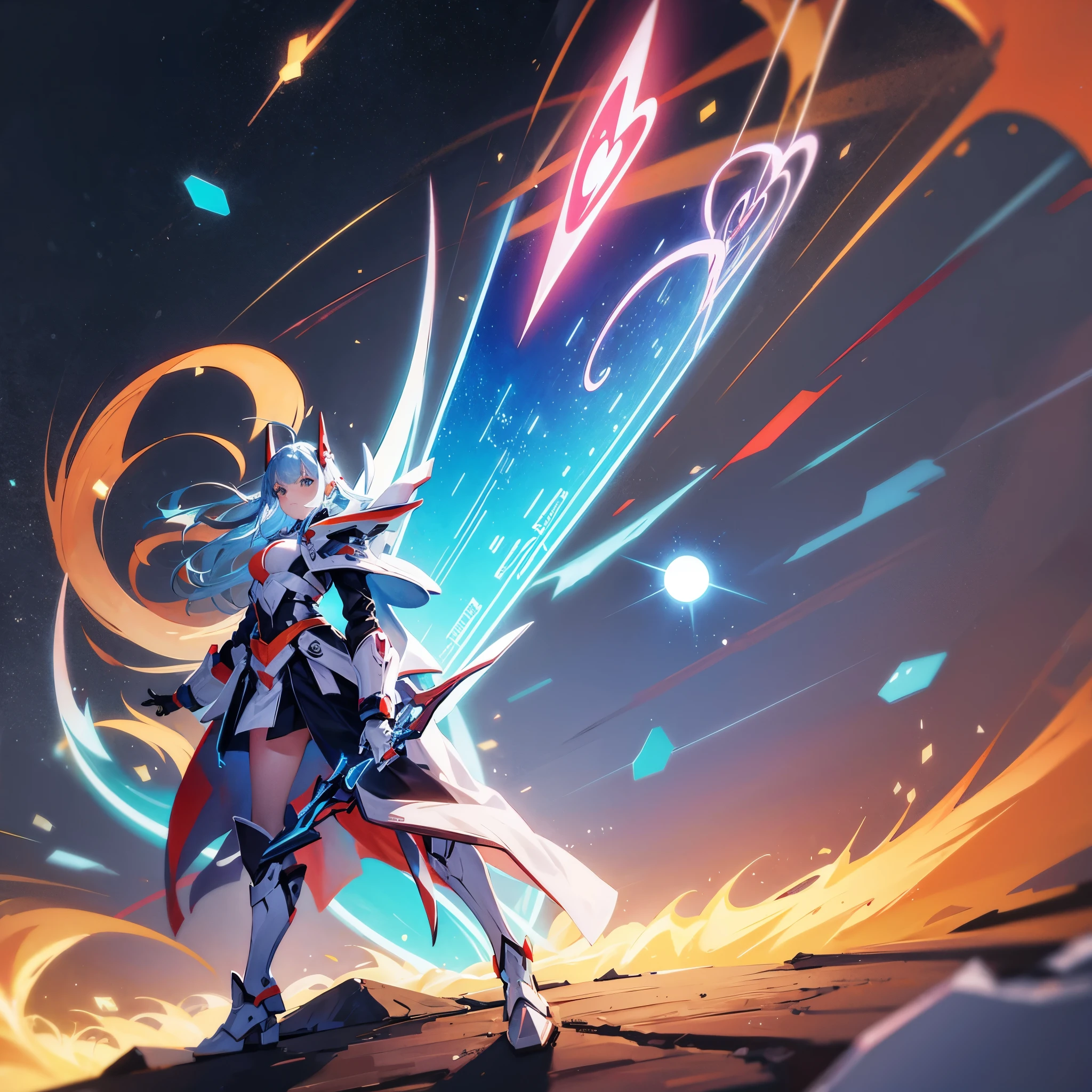 A giant wizard mecha is casting a spell in space, an enormous magic circle neon lit is the portal a celestial dragon emerges from