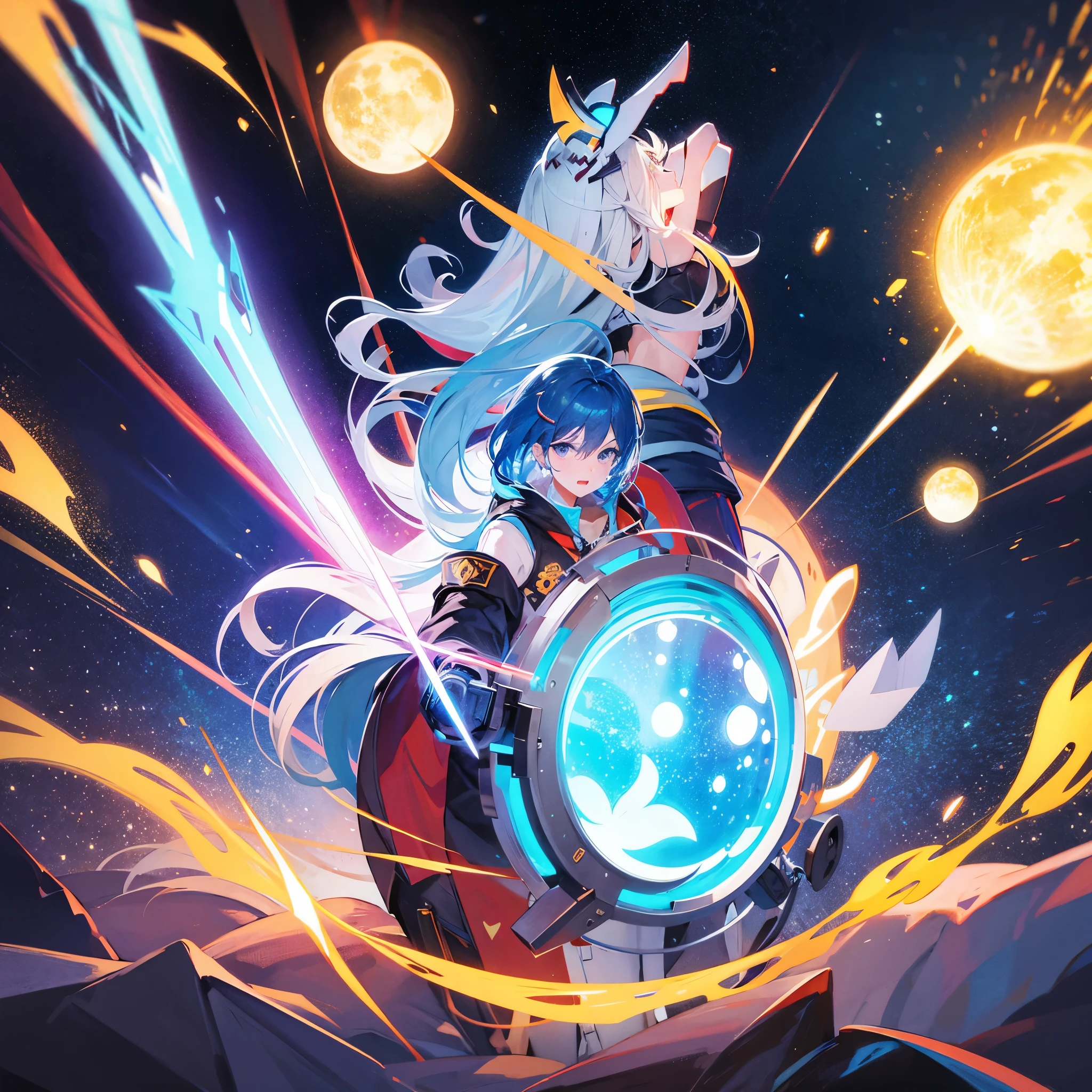 A giant wizard mecha is casting a spell in space, an enormous magic circle neon lit is the portal a celestial dragon emerges from