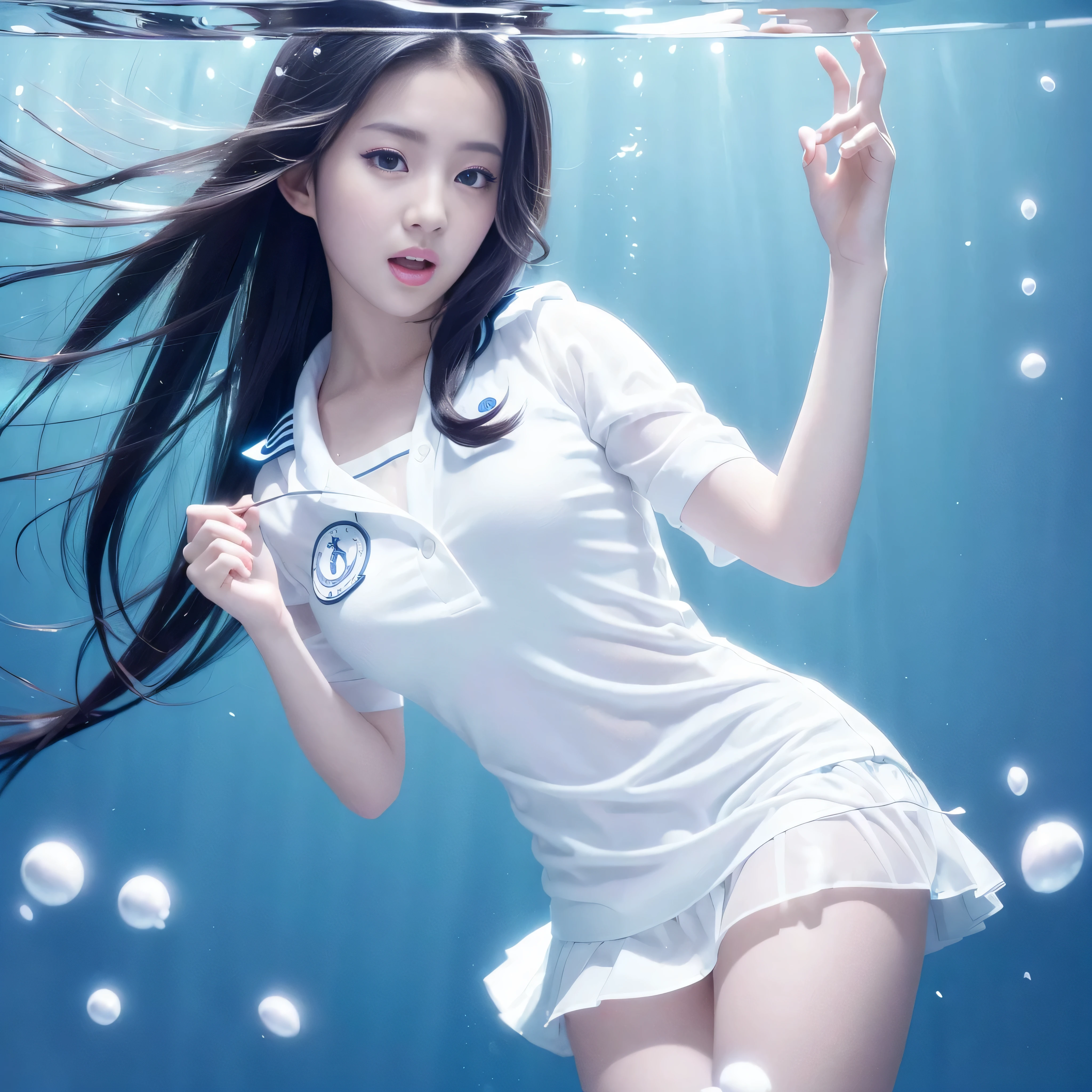 (see-through:1.3),white serafuku,sailor dress, white theme,school uniform, sailor suit, looking at viewer, insanity, messy long hair, beautiful detailed eyes,Hair glows,dramatic angle,blue sailor collar, perky breasts,light smile,partially underwater shot...