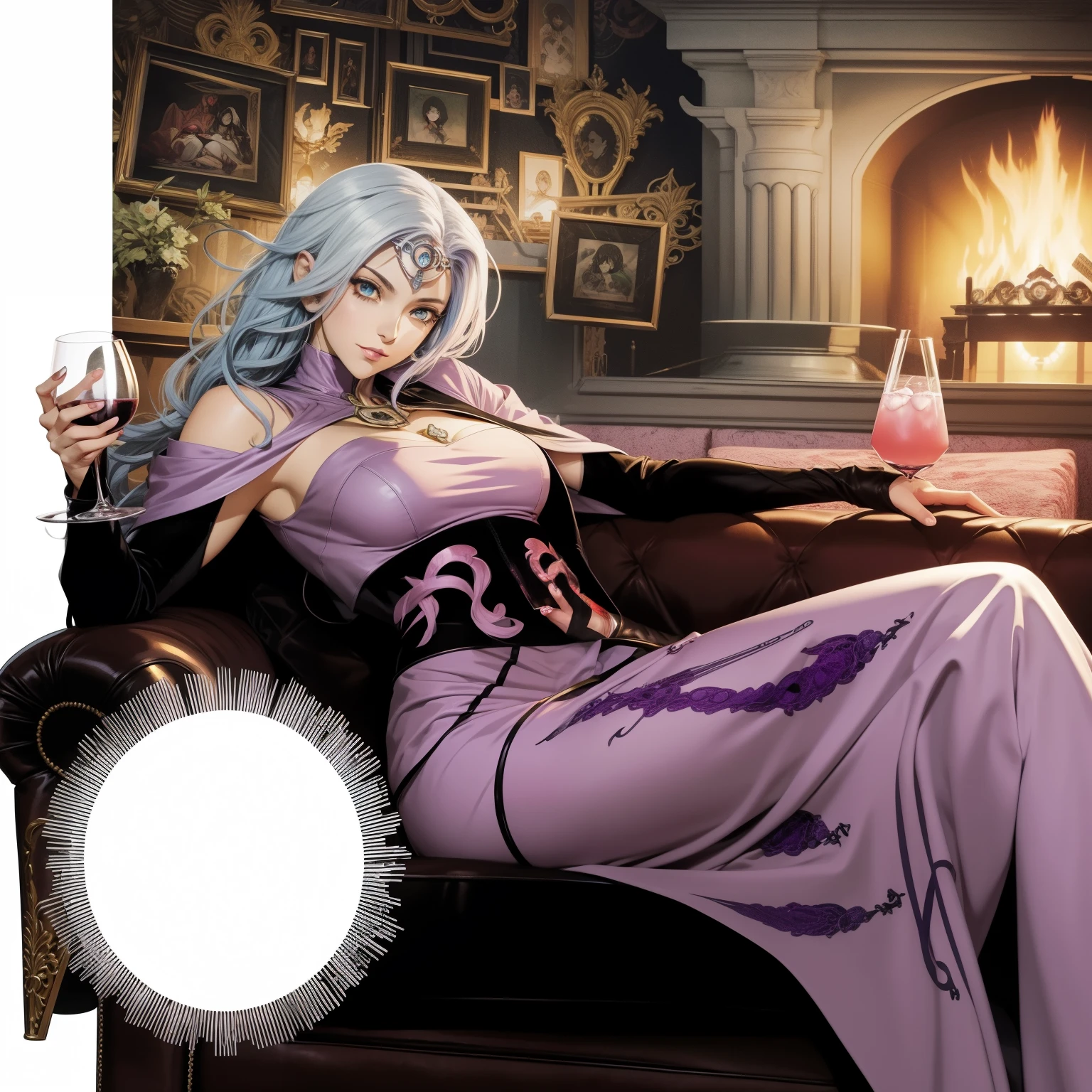 anime character sitting on a couch with a glass of wine, full color illustration, high quality colored sketch, female death holding a cocktail, neferpitou, in jojo\'s b, supervillain sorceress witch, full color digital illustration, color spread, colored lineart, noble woman, digitally colored