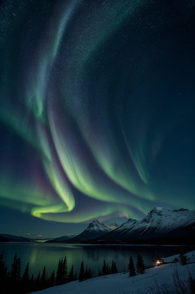 You can see a starry sky, aurora, and a beautiful night view.。The night sky and aurora borealis are the setting for science fiction movies.、Create a digital matte painting of a night scene。