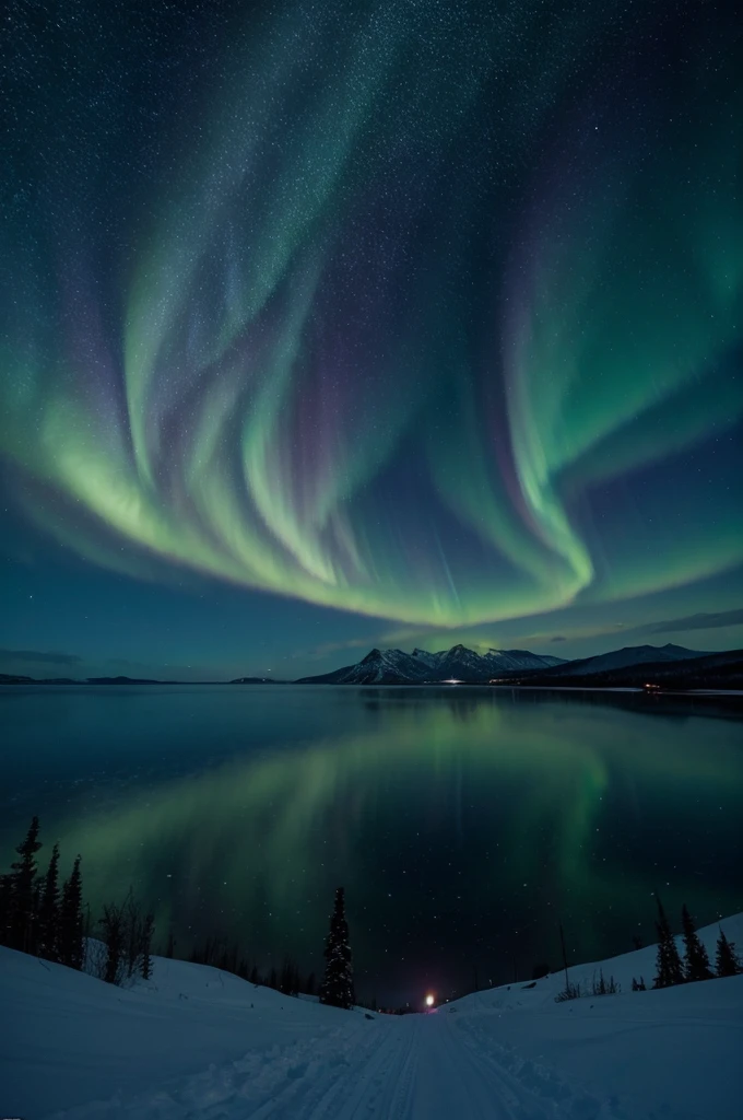 You can see a starry sky, aurora, and a beautiful night view.。The night sky and aurora borealis are the setting for science fiction movies.、Create a digital matte painting of a night scene。