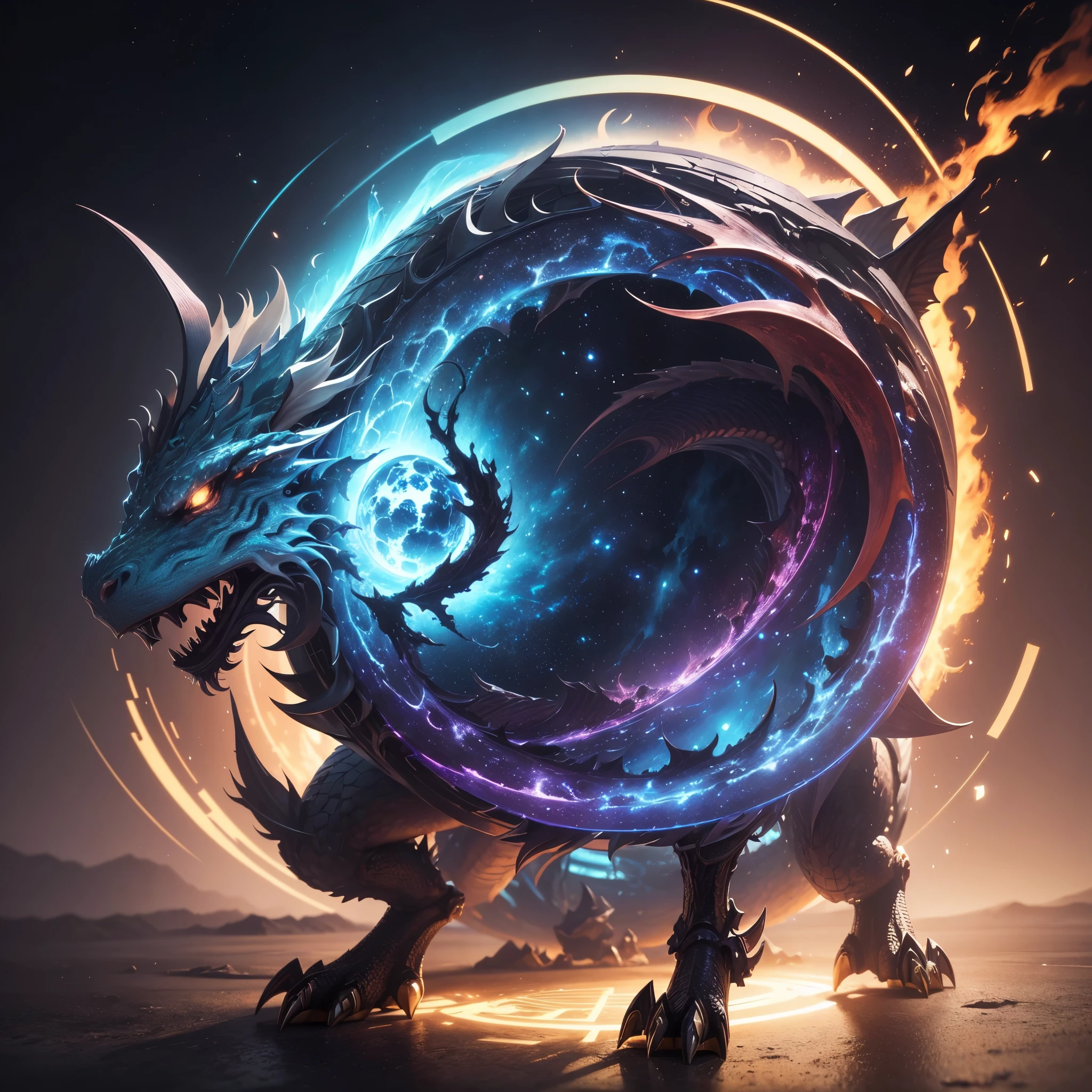 (best quality,4k,highres,masterpiece:1.2),ultra-detailed,(realistic,photo-realistic:1.37),HDR,studio lighting,ultra-fine painting,sharp focus,physically-based rendering,professional,vivid colors,bokeh,giant wizard mecha casting spell,space,magic circle,neon lit,portal,celestial dragon emerges Try to add more details and descriptions within the specified number of tags,to provide a complete picture。