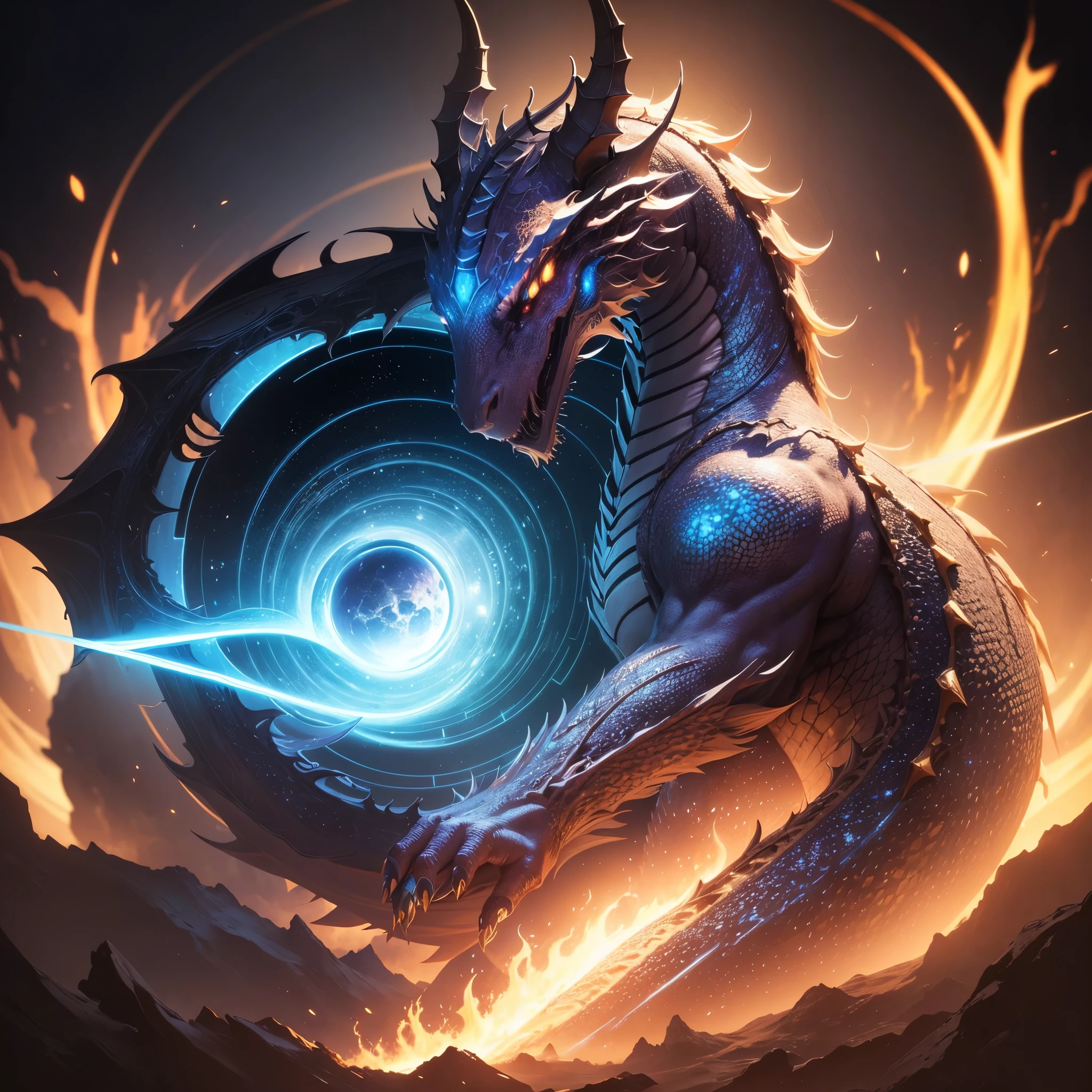 (best quality,4k,highres,masterpiece:1.2),ultra-detailed,(realistic,photo-realistic:1.37),HDR,studio lighting,ultra-fine painting,sharp focus,physically-based rendering,professional,vivid colors,bokeh,giant wizard mecha casting spell,space,magic circle,neon lit,portal,celestial dragon emerges Try to add more details and descriptions within the specified number of tags,to provide a complete picture。