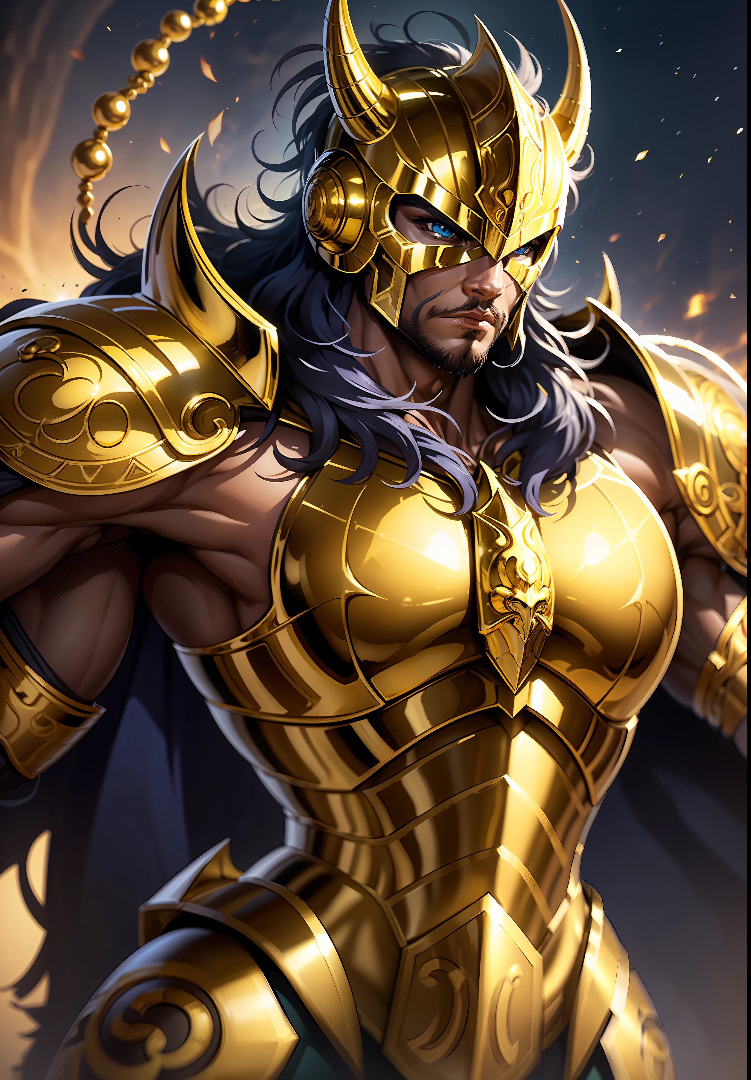 Knight character with golden scorpion armor. , Caballero del personaje del caballero con armadura dorada., scorpion zodiac knight , In the background at the towering Scorpion King Auroboeal in the sky, 8k high definition, detalles intrincados, calidad impresionante