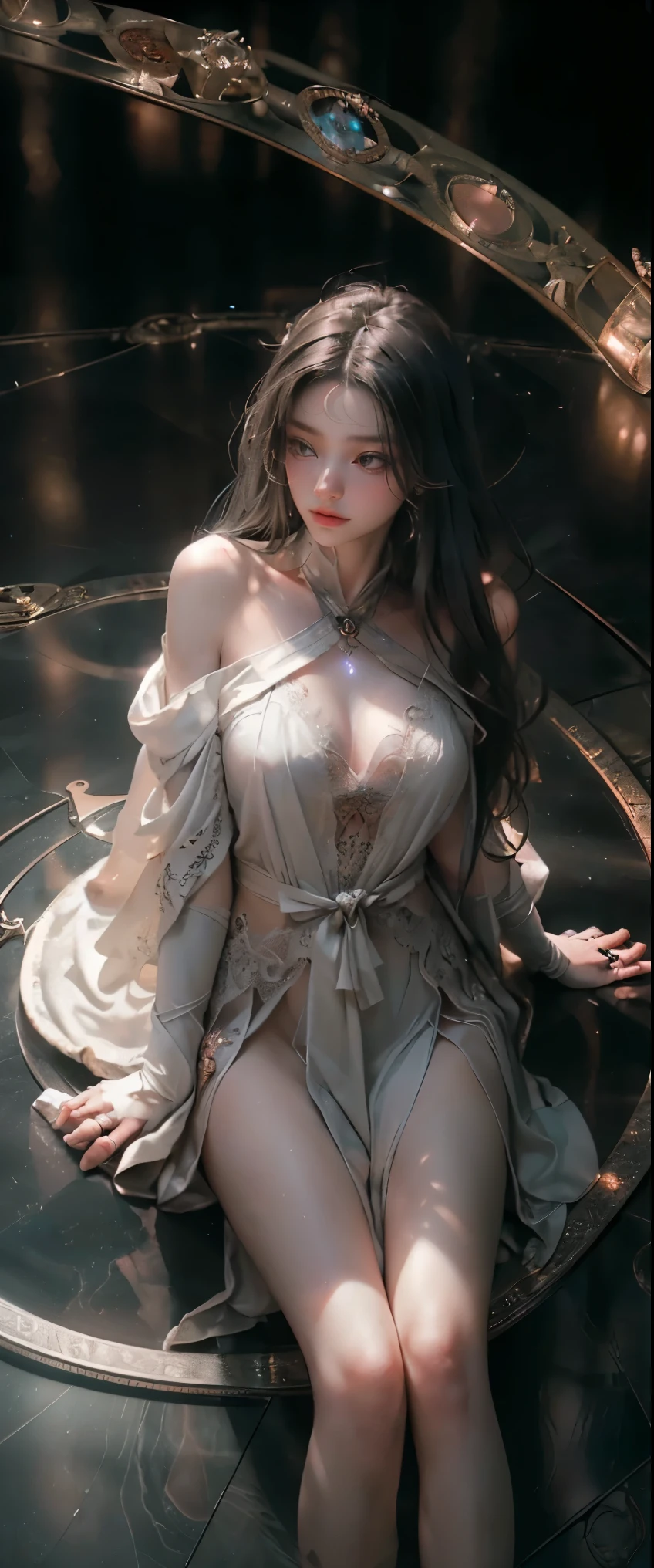 ((masterpiece, highest quality, Highest image quality, High resolution, photorealistic, Raw photo, 8K)), (A huge magic circle on the floor glows in a bewitching manner:1.5), wearing a very long white robe over her bare skin, Sacrificial woman sitting surrounded by magic circle,