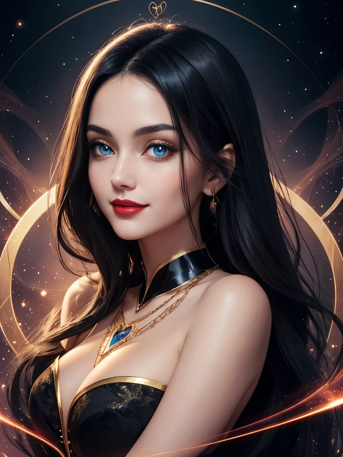 Portrait, beautiful mysterious woman with black hair and a silky gold dress, wearing a large heart-shaped necklace, hourglass figure, symmetrical figure, highly detailed face, beautiful face, calming blue eyes, lush red lips, smiling, alluring, flirting with camera, stunning digital illustration, mysterious quantum environment, cosmic elements and ethereal atmosphere