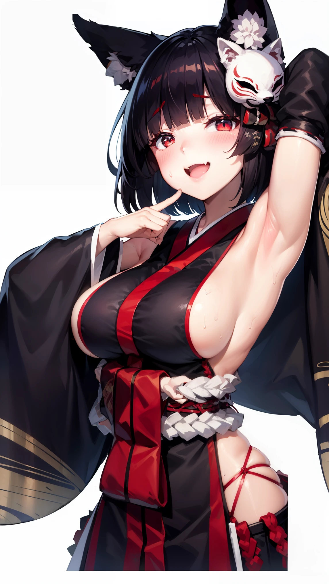 Yamashiro,1girl,blush,((smirk)),open mouth,half-closed eyes,heavy breathing,black hair,red eyes,lash-grazing bangs,long sidelocks hair,solo,fox ears,fox girl,fox mask on the head,detached sleeve,skin fang,((kimono)),black kimono,wide sleeves,2legs,sideboobs,hand up, flipped hair,armpit, sweating,upper body,armpit focus,hand behind head,two fox ears,white background