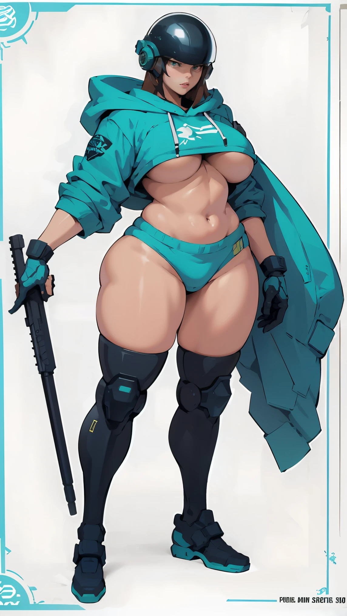 Masterpiece, High quality, ((character concept art)), ((character design sheet, same character))
a futuristic-looking female military commander, wearing a ((kevlar helmet)) and is dressed in ((turquoise suit)) wearing epTactical, XCOM game inspired, XCOM character, ((wide hips)) tall, video game character design, accessories,
Expert high detail concept art, comic book style, intricate comic book outline line work, flat colors, concept art, solid background ((gigantic tits)) ((thicc)) ((4k hands)) ((sexy)) ((hoodie))