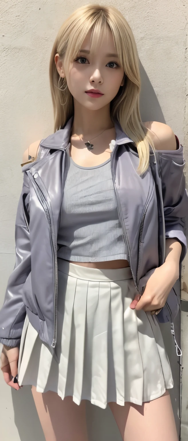 tall gorgeous idol、whole body、good style、、、、、light blonde hair、Tank top、gorgeous jacket、Neat and cool face、beautiful long legs、gray pleated mini skirt