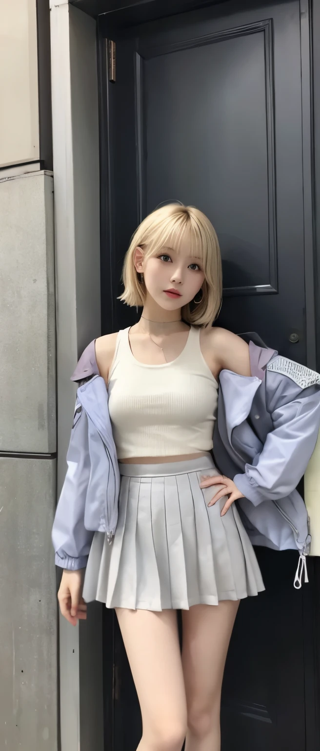 tall gorgeous idol、whole body、good style、、、、、light blonde hair、Tank top、gorgeous jacket、Neat and cool face、beautiful long legs、gray pleated mini skirt