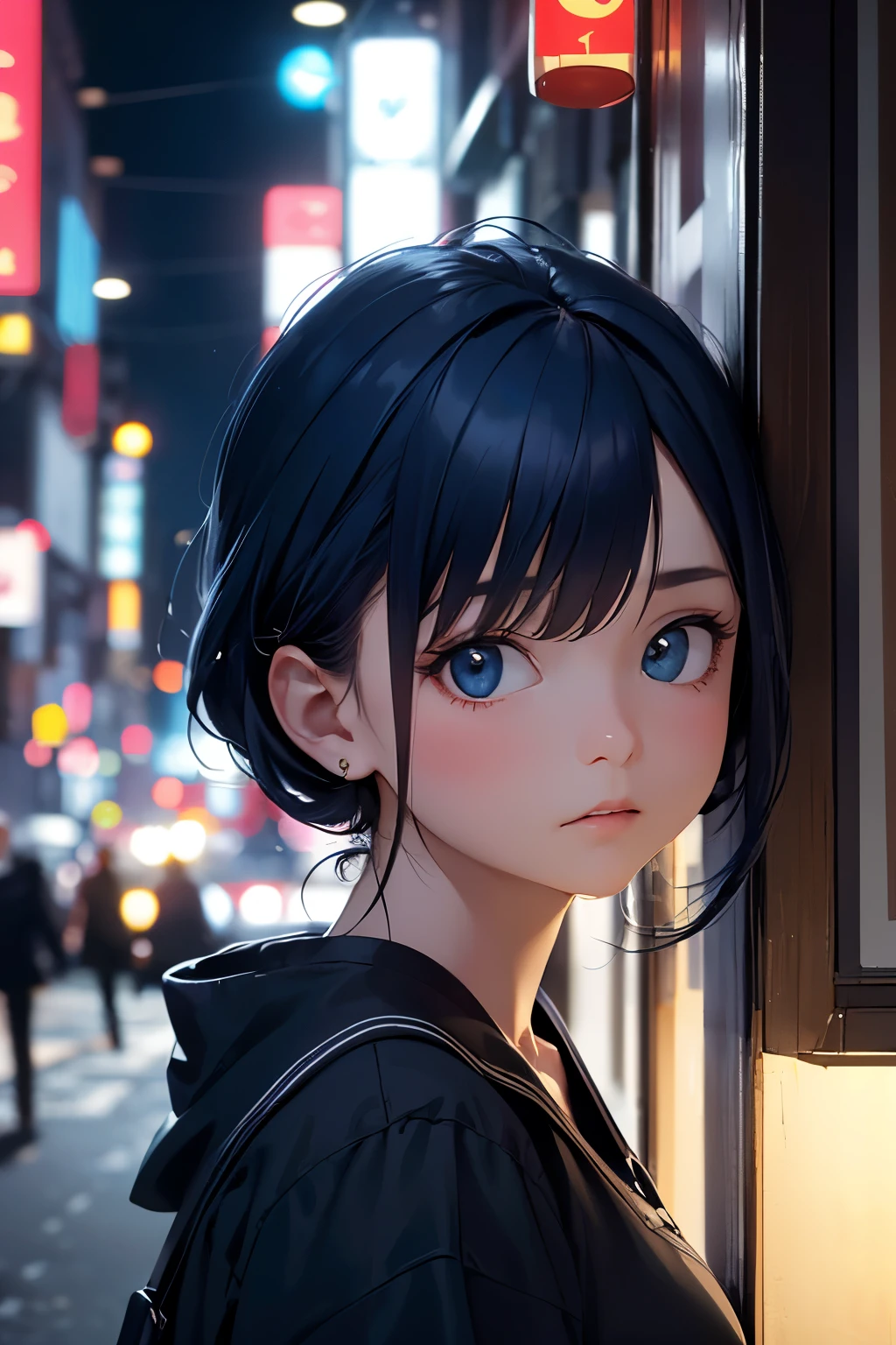 (8k, original photo, masterpiece:1.3), (actual, photo-actual:1.37), (night),  (Dark blue hair), Posture of thinking,  nightcityscape, cyberpunk, soft light, 1 girl, extremely beautiful face, Hand on cheek, random expression, , , Mix 4., best quality，Handsome，cute，The light is dim but clear，sad，，People are the subject of the photo，Full of arrogance，face slimming