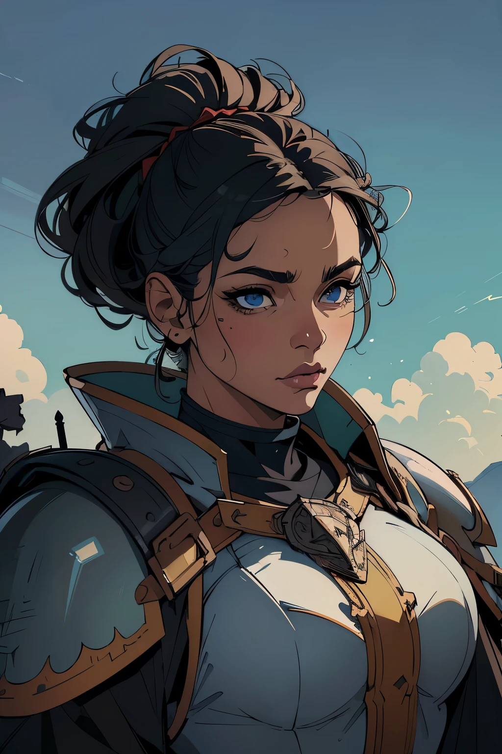 ((best quality:1.1)(masterpiece,best quality,absurdres,beautiful,aesthetic,detailed,cell shading,artwork,Hd,well drawn eyes)),original,medieval fantasy,female knight carrying helmet,looking down,close up portrait,solo,ruinous smoky battlefield,heavy armor,cape,(black hair,hair tied back),deep obsidian black eyes,deep dark black ebony skinned,40 yo,African American,wrinkle face,blemishes,exhausted,thick eyebrows,strong jawline,muscular,daytime,smoke billowing in the distance,depth of field
