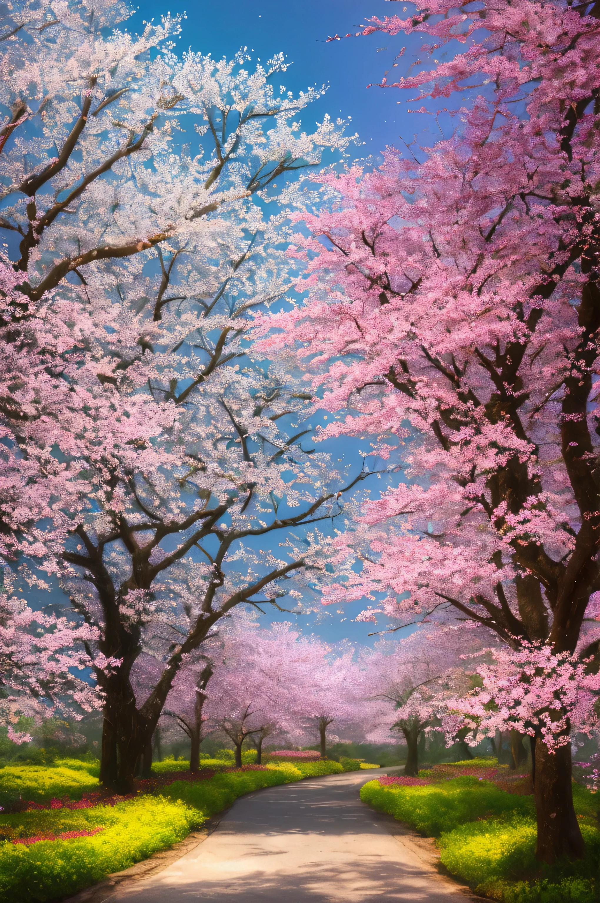 masterpiece, best quality, high quality, extremely detailed 8k wallpaper of CG unit, a charming and dreamy scene of a lush forest of sakuras, with tall trees, creating a sense of mystique and enchantment, artistic station, digital illustration, intricate, trend, pastel colors, oil painting, award-winning photography, Bokeh, depth of field, HDR, flower, chromatic aberration, photorealistic,  extremely detailed, trend in artstation, trend in CGsociety, intricate, high detail, dramatic, art in the middle of the journey, old tree, winding road, lakelet,  cherry blossom tree,  small lake next to the forest, tree tunnel, forsythia flower, sunrise