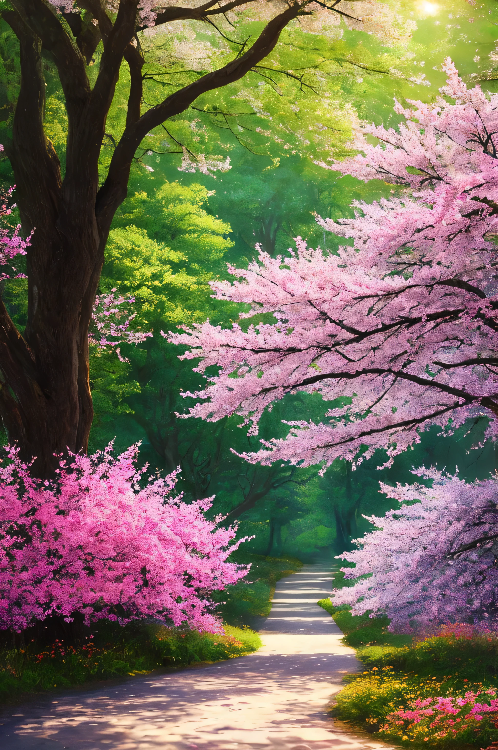masterpiece, best quality, high quality, extremely detailed 8k wallpaper of CG unit, a charming and dreamy scene of a lush forest of sakuras, with tall trees, creating a sense of mystique and enchantment, artistic station, digital illustration, intricate, trend, pastel colors, oil painting, award-winning photography, Bokeh, depth of field, HDR, flower, chromatic aberration, photorealistic, extremely detailed, trend in artstation, trend in CGsociety, intricate, high detail, dramatic, art in the middle of the journey, old tree, winding road, lakelet, cherry blossom tree, small lake next to the forest, tree tunnel, forsythia flower, sunrise