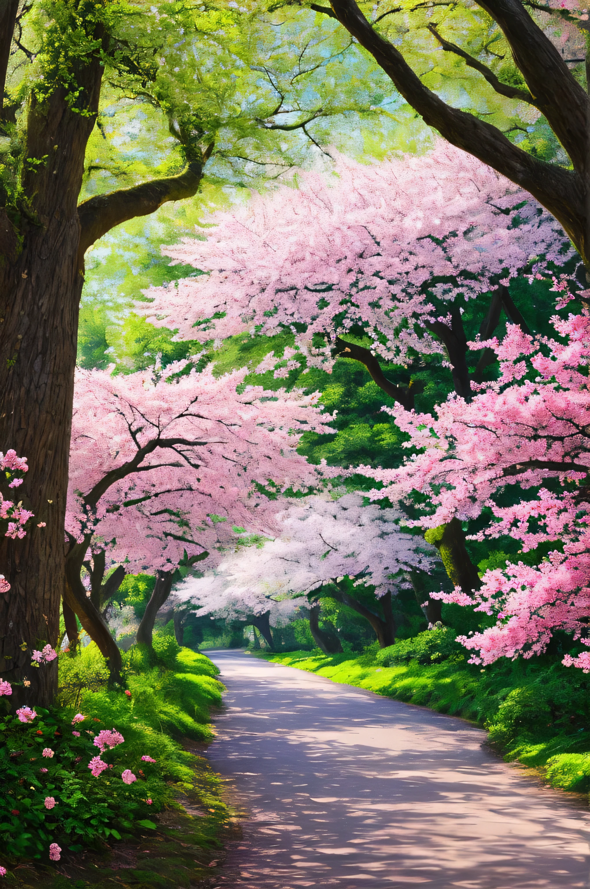masterpiece, best quality, high quality, extremely detailed 8k wallpaper of CG unit, a charming and dreamy scene of a lush forest of sakuras, with tall trees, creating a sense of mystique and enchantment, artistic station, digital illustration, intricate, trend, pastel colors, oil painting, award-winning photography, Bokeh, depth of field, HDR, flower, chromatic aberration, photorealistic, extremely detailed, trend in artstation, trend in CGsociety, intricate, high detail, dramatic, art in the middle of the journey, old tree, winding road, lakelet, cherry blossom tree, small lake next to the forest, tree tunnel, forsythia flower, sunrise