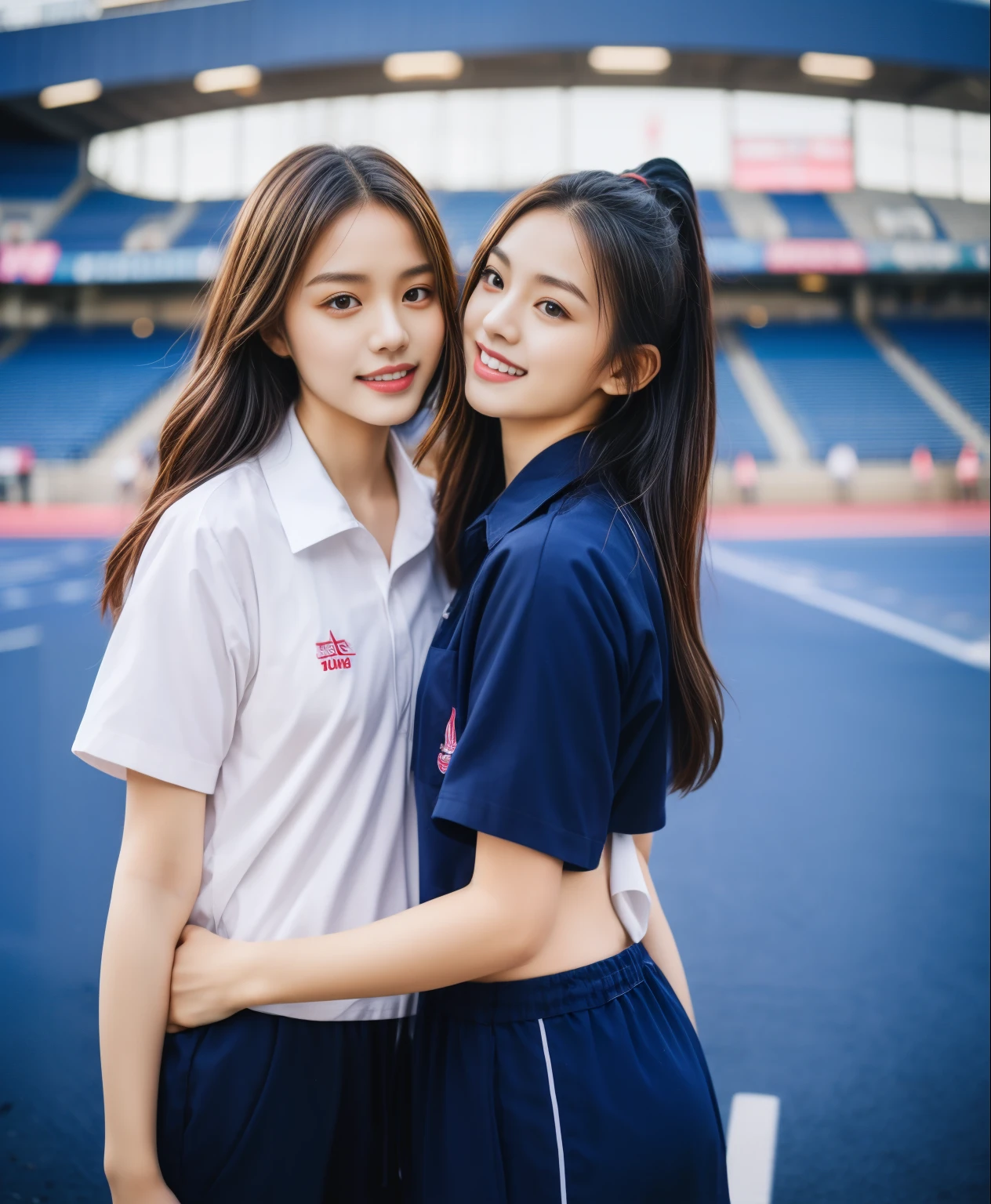 (best quality,10,10,height,Masterpiece:1.2),Special details,(realistic,ภาพrealistic,Realistic photos:1.37),1 cute girl on the football field,shiny, ผิวshiny,only,smile softly,BDclothelue shirt:1.3)),short sleeve,shirt, กางเกงขาlong.,(navy_long_track pants:1.1), ((stadium background:1.3)),Dynamic angle,excited,Face focus,dynamic poses,from behind,focus on ass,Masterpiece, best quality, ultra realistic, hyper-detail, 8K resolution, raw photos, Sharp focus, ((Navy blue shirt:1.1)), short sleeve, เส้นทางlong, perfect body, 2 mature women, 18 years old, Cinema-grade lighting system,blue sweatpants,shirtผ้าออกกำลังกาย,correct anatomy,perfect body, correct body, Sharp face, correct bodyทางกายวิภาค, full body, realistic gestures, long-haired, realistic poses,Wear long shorts................................,ช่วงขาlong,Good shape,carved girl, Slender figure, model, Good shape, beautiful body,blue sweatpants, two girls kissing