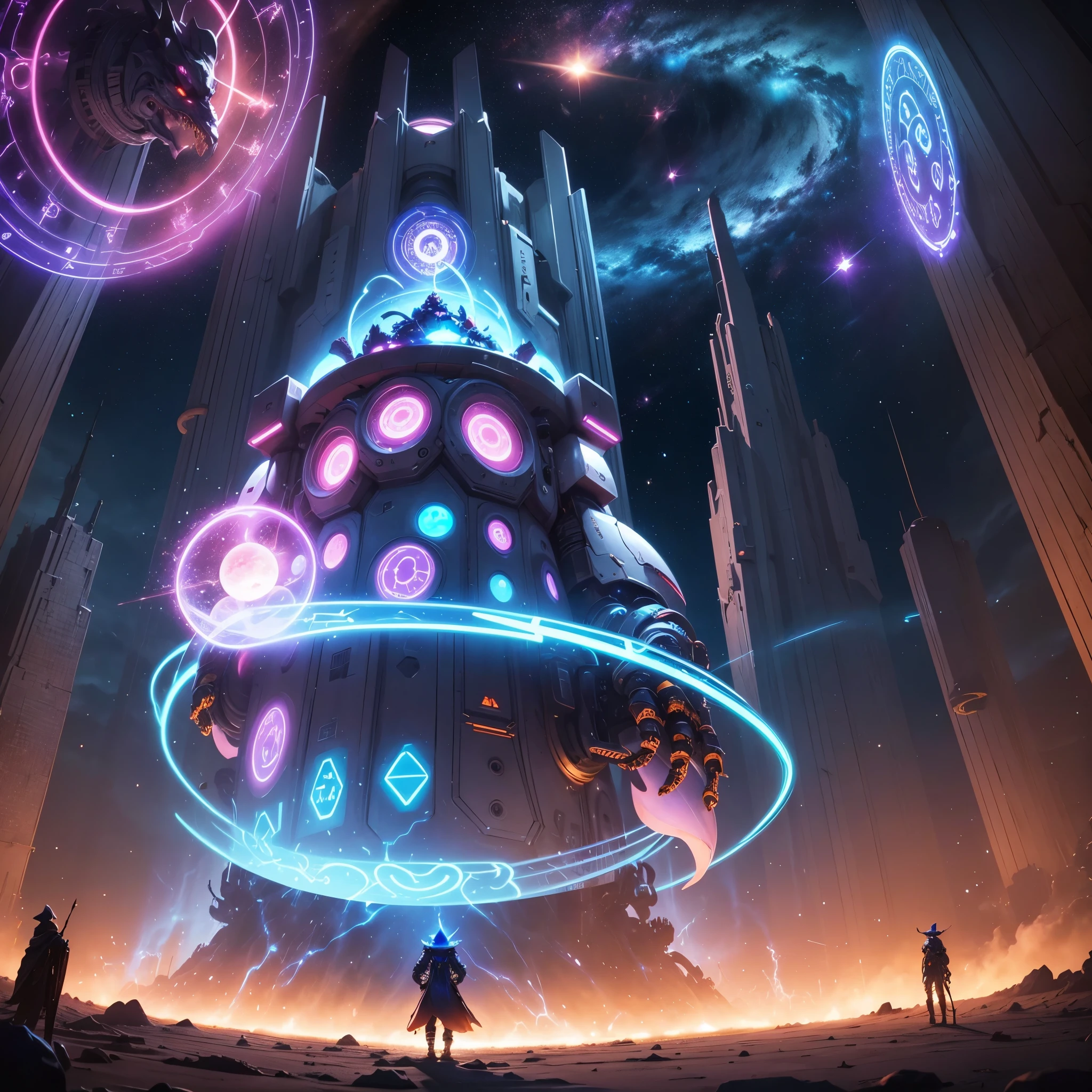 A giant wizard mecha is casting a spell in space, an enormous magic circle neon lit is the portal a celestial dragon emerges from