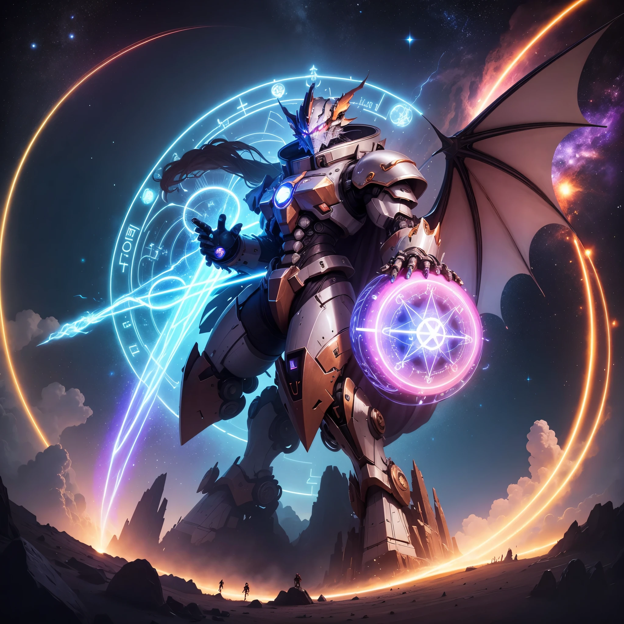 A giant wizard mecha is casting a spell in space, an enormous magic circle neon lit is the portal a celestial dragon emerges from