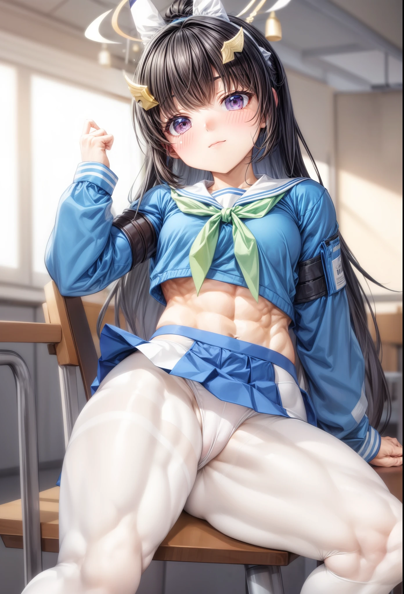 best quality,muscular female, miyu (blue archive), (muscular ),see through pantyhose,white pantyhose,room, school uniform,muscular thighs,ripped muscle,biceps, panties under pantyhose, ,