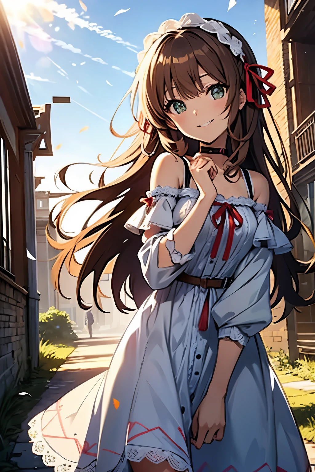 shoko sashinami, valvrave, 1 girl, brown hair, green eyes, fantasy world, ruins, fort, beautiful sky, shining sky, sunshine, smiling, waving, belt, ribbon choker, choker, hair ribbon, ribbon, wind blowing dress, lace dress, black camisole and white sweater, off-shoulder sleeves