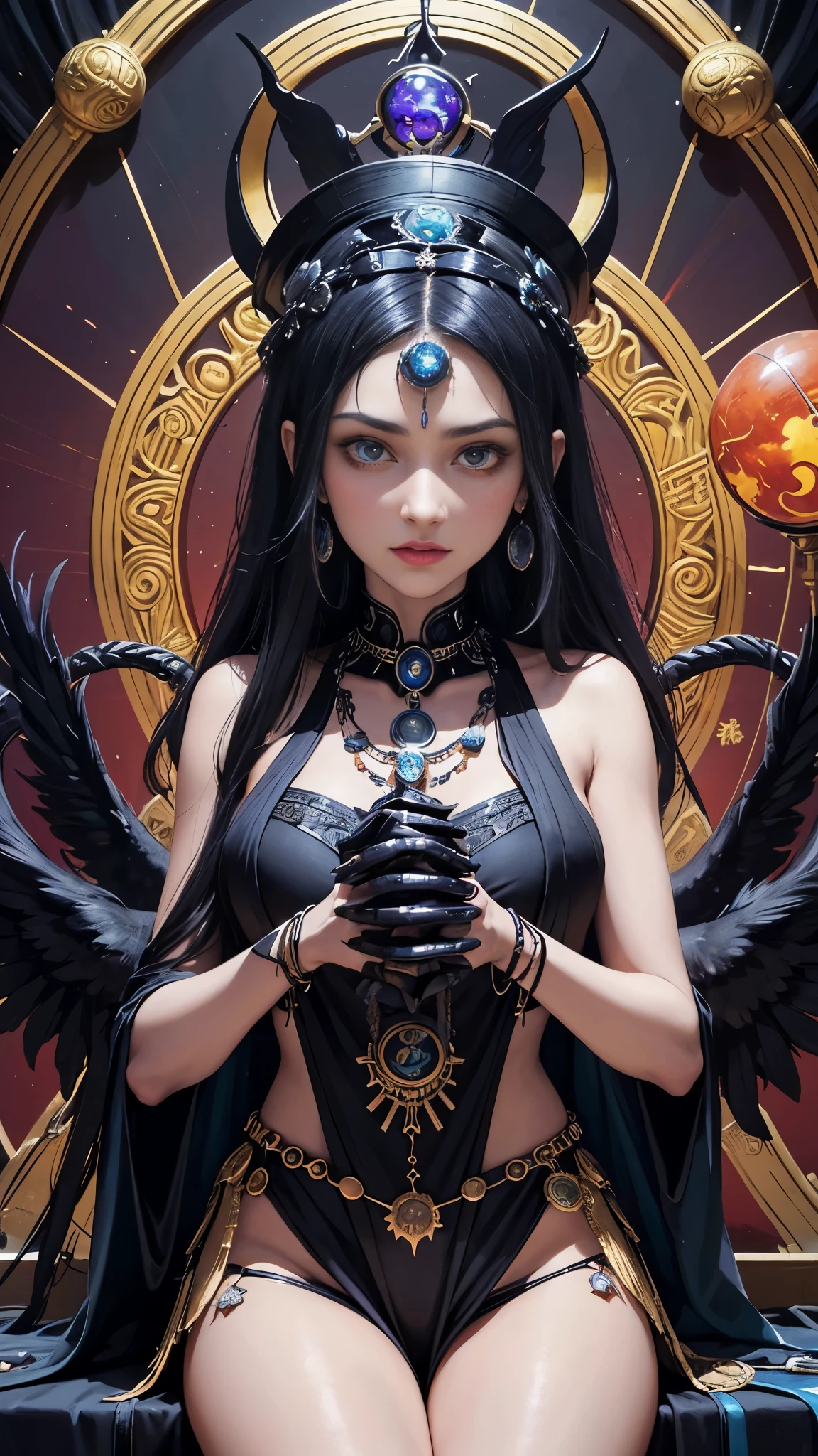 a close up of a painting of a woman holding a bird, dark goddess with six arms, art deco shaman, hecate goddess, portrait of a scorpion goddess, hecate, (by tom purvis), by Petros Afshar, by Kyle Lambert, goddess art, by Andrée Ruellan, by Matt Stewart, indian goddess of wealth, by Whitney Darrow