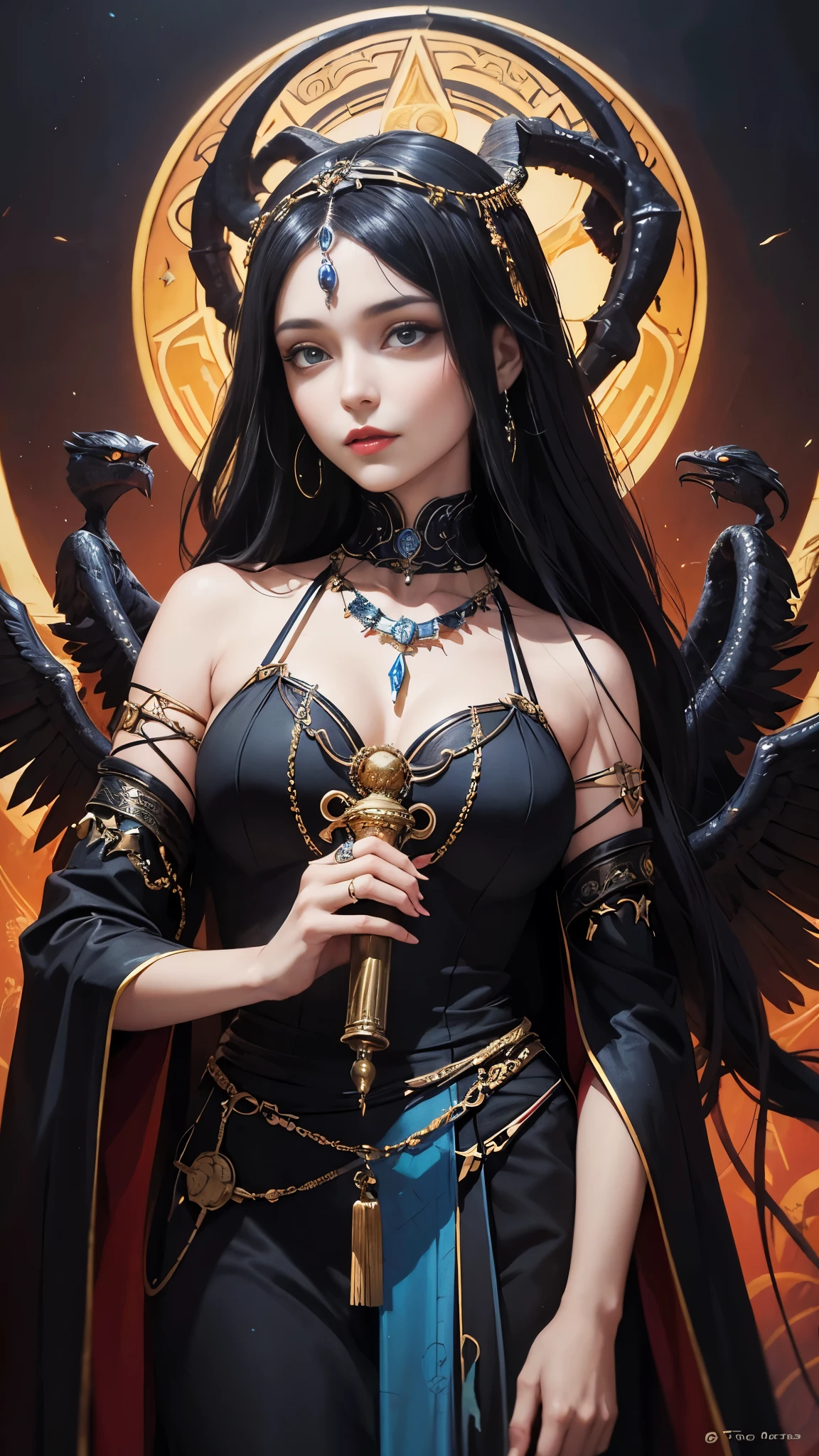 a close up of a painting of a woman holding a bird, an art deco painting by Petros Afshar, trending on cgsociety, symbolism, dark goddess with six arms, art deco shaman, hecate goddess, portrait of a scorpion goddess, hecate, (by tom purvis), goddess art, indian goddess of wealth, goddess of the underworld, pagan goddess