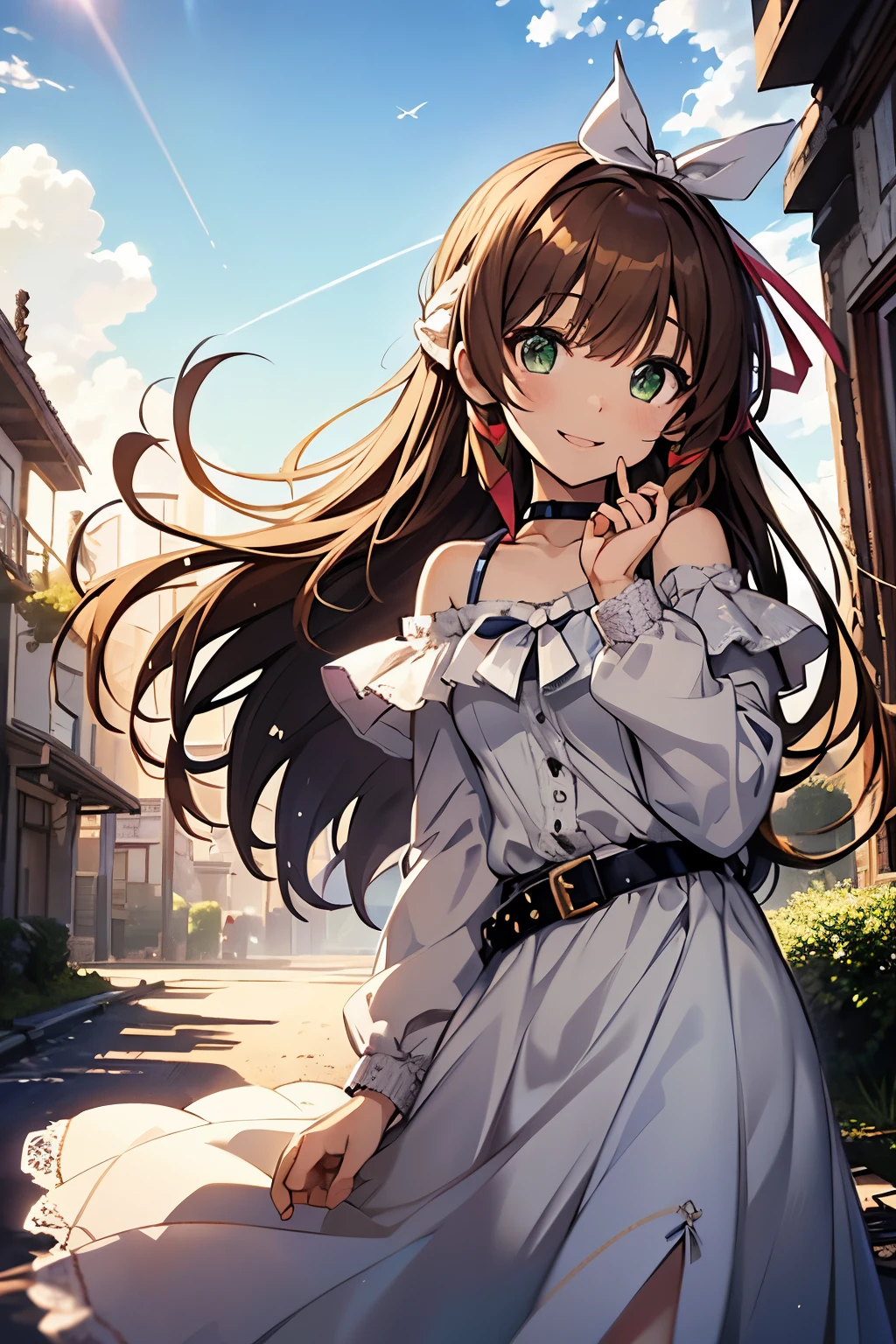 shoko sashinami, valvrave, 1 girl, brown hair, green eyes, fantasy world, ruins, fort, beautiful sky, shining sky, sunshine, smiling, waving, belt, ribbon choker, choker, hair ribbon, ribbon, wind blowing dress, lace dress, black camisole and white sweater, off-shoulder sleeves