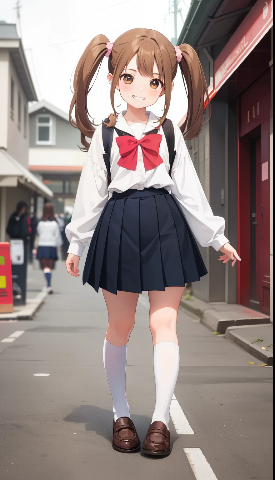 1girl in, , kawaii, school uniform, pigtails, brown hair, posing childlike, knee socks, grinning, playful, innocent and pure, adorable girl, shoujo, 2000’s anime style ( body) (very thin) (no curves)