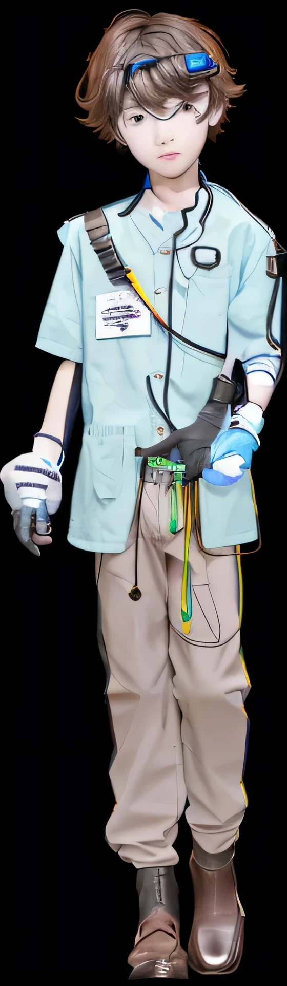 young boy with brown hair and blue highlights, blue shirt, looking at camera front view, ultramarine goggles on hair, asian anatomy features, holding black radio transmitter and a tangle of red, black, yellow and green wires, hand has gloves on it