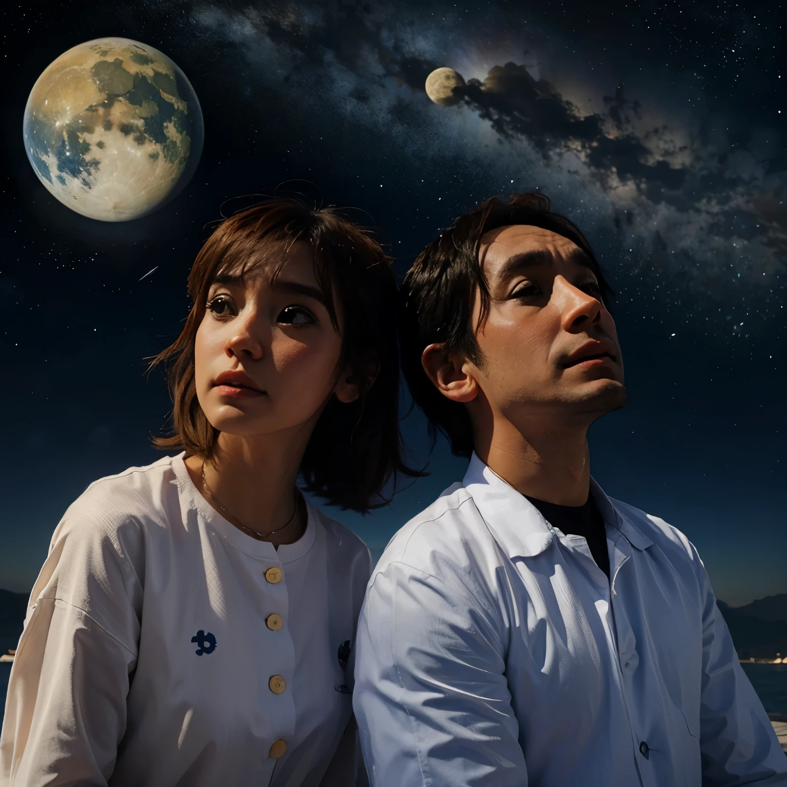 Pareja anime viendo el cielo con planetas como lunas