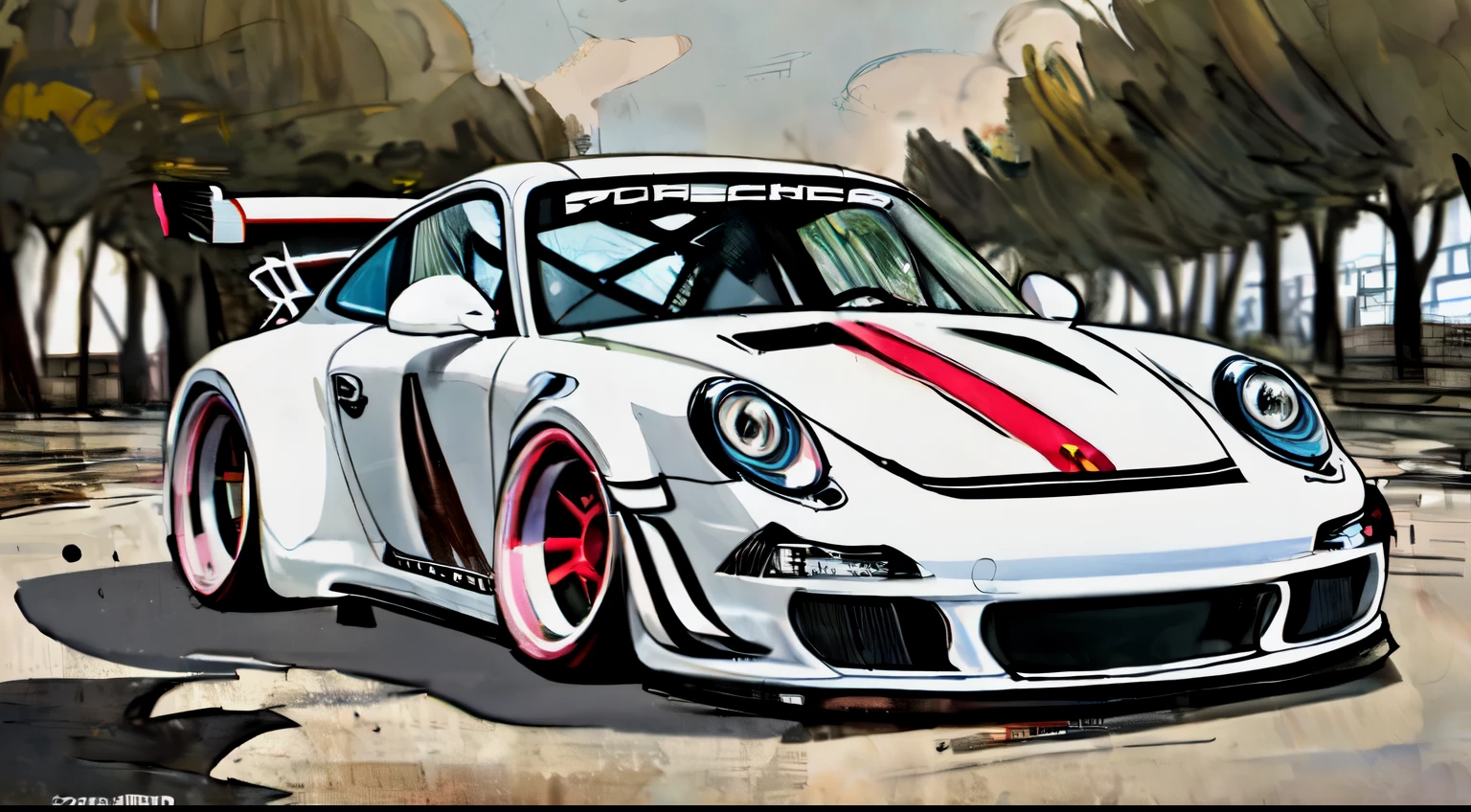 
Porsche 911 rwb, wide body, sketch, 
cartoonish, comic strip, rendering, large  wheels, bagged, slammed to the ground