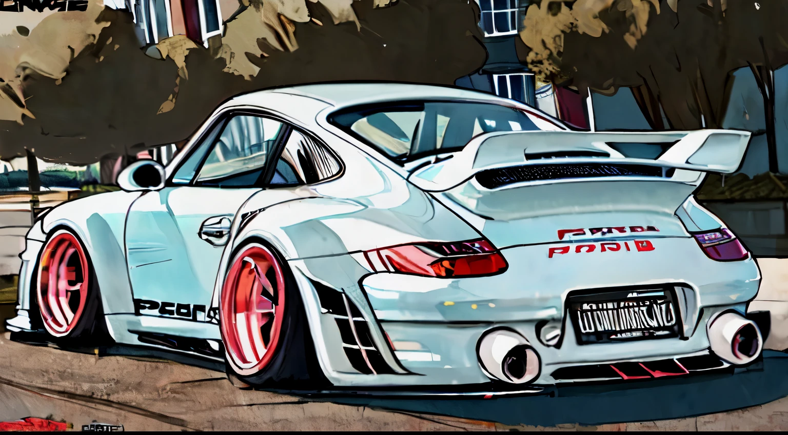 Porsche 911 rwb, wide body, sketch,
cartoonish, comic strip, rendering, large wheels, bagged, slammed to the ground