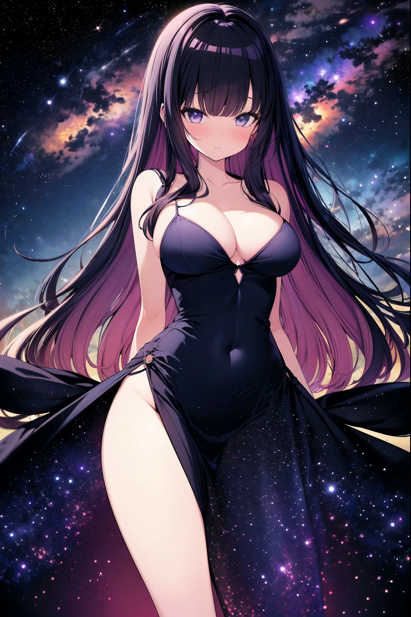 (cowboy shot), (best quality, ultra-high resolution, depth of field:1.2), adult, 1woman, medium breasts, wide hips, wearing a starry dress, The Milky Way stretches to the horizon, Elegant twirl in long skirt, deep indigo and violet shades, A feeling of wonder and vastness of the universe, illustration, oil painting on canvas,