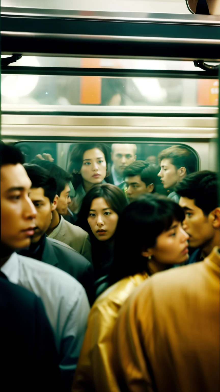 Inside a crowded train、Woman surrounded by men