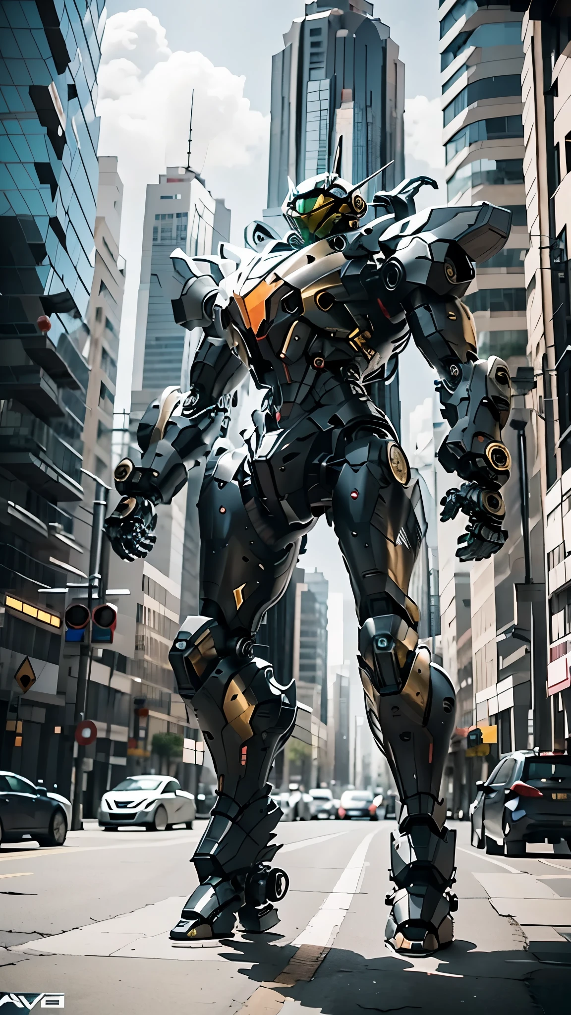 best quality，masterpiece，16k，Giant mecha,Vital Suits,building,Car tire structure feet,car,city,city lights,cityscape,cloud,day,destruction,east asian architecture,ground vehicle,Complex mecha structure,Looking up,Multicolored mecha,Half squat posture,full body,Super complex mechanical structure,mecha,outdoors,radio antenna,realistic,road,ruins,science fiction,skyscraper,street,traffic light