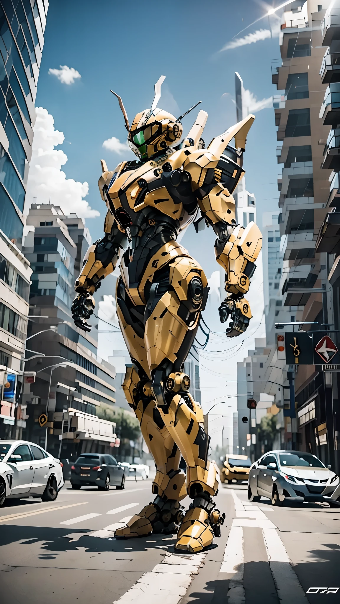 best quality，masterpiece，16k，Giant mecha,Vital Suits,building,Car tire structure feet,car,city,city lights,cityscape,cloud,day,destruction,east asian architecture,ground vehicle,Complex mecha structure,Looking up,Multicolored mecha,Half squat posture,full body,Super complex mechanical structure,mecha,outdoors,radio antenna,realistic,road,ruins,science fiction,skyscraper,street,traffic light