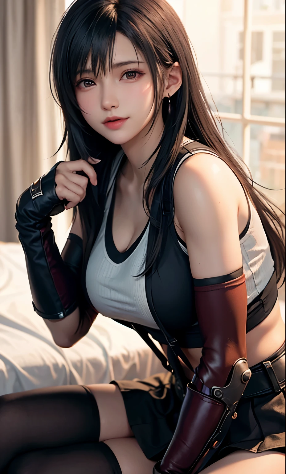 Final Fantasy VII, (blush your nose), シングルelbow pads, ankle boots, black hair, black skirt, black Thighhighs, red boots, elbow bag, elbow pads, fingerless gloves, 大きなchest, play sports often, (suspender black skirt), Thighhighs, Upper body underwear, The upper body is super maximum with surreal thick muscles_chest!! Elon&#39;s type, black hair, whole body, look at the audience, lie down on the bed and pose, Sensual mouth, compensate, Bokeh, highest quality, masterpiece, High resolution, Hmm, 1080p