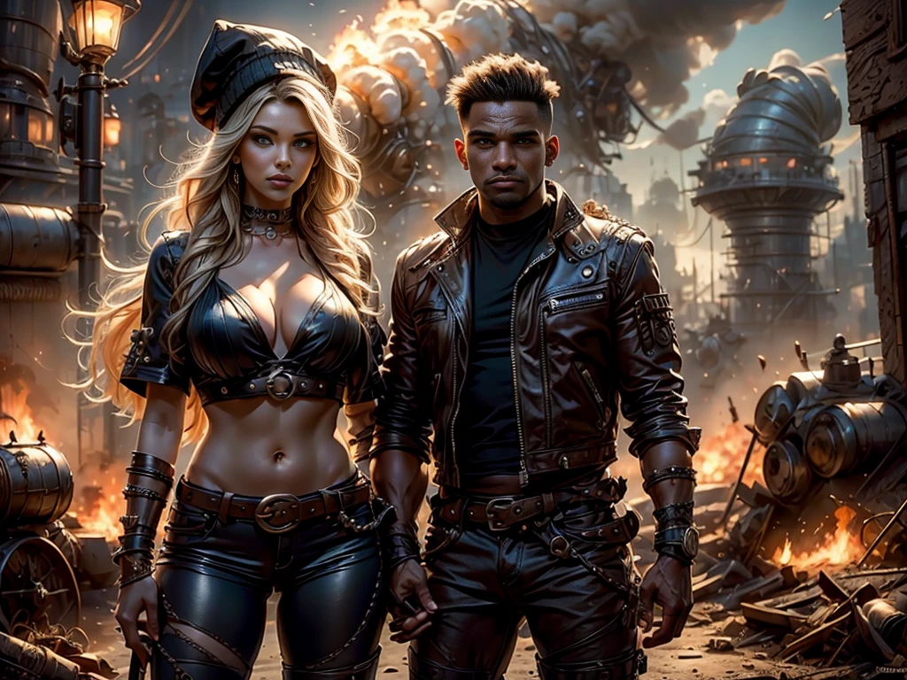 8K high resolution and sharp image. La imagen debe ser super original y compleja, con una variedad de colores hermosos y vibrantes.(Obra maestra, Mejor calidad),incredibly beautiful young heterosexual couple kissing face to face on the streets, This illustration captures beautiful punk style radiant, flowing hair... vestida al estilo Mad Max, lleva un gorro de piloto de cuero adornado con intrincados adornos, una chaqueta de cuero rasgada que cubre su torso adornado con numerosos adornos y tachuelas de metal. Her outfit is completed with punk-inspired pants and combat boots...She poses dynamically and sensually.., her captivating expression, radiating an aura of confidence and challenge. The backdrop of this masterpiece is nothing short of epic..,de noche, showing a destructive apocalyptic explosions scene, 32k