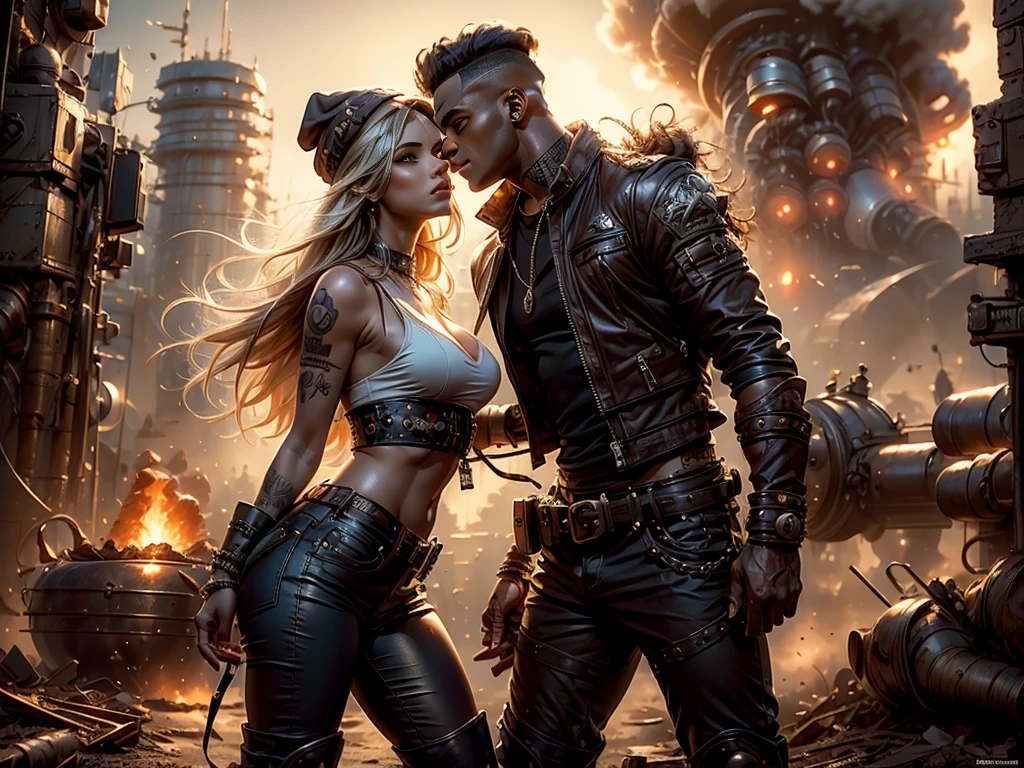 8K high resolution and sharp image. La imagen debe ser super original y compleja, con una variedad de colores hermosos y vibrantes.(Obra maestra, Mejor calidad),incredibly beautiful young heterosexual couple kissing face to face on the streets, This illustration captures beautiful punk style radiant, flowing hair... vestida al estilo Mad Max, lleva un gorro de piloto de cuero adornado con intrincados adornos, una chaqueta de cuero rasgada que cubre su torso adornado con numerosos adornos y tachuelas de metal. Her outfit is completed with punk-inspired pants and combat boots...She poses dynamically and sensually.., her captivating expression, radiating an aura of confidence and challenge. The backdrop of this masterpiece is nothing short of epic..,de noche, showing a destructive apocalyptic explosions scene, 32k