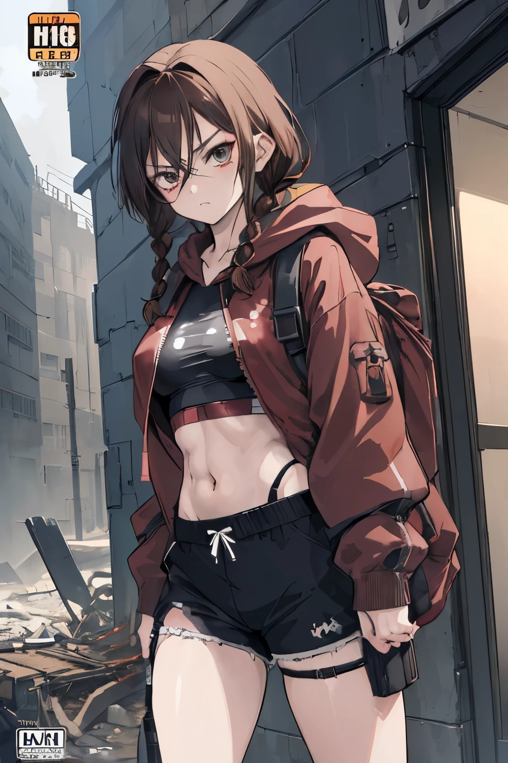 (animesque:1.3), (cover-style:1.3), Extreme refinement, 1girl in、brown hair, short, braids, tomboy, aloof look, glare, apocalypse, apocalyptic clothes, zombie apocalypse, survival gear, shorts, hoodie, sports bra, backpack, shoujo, 2000’s anime style ( body) (very thin) (no curves)