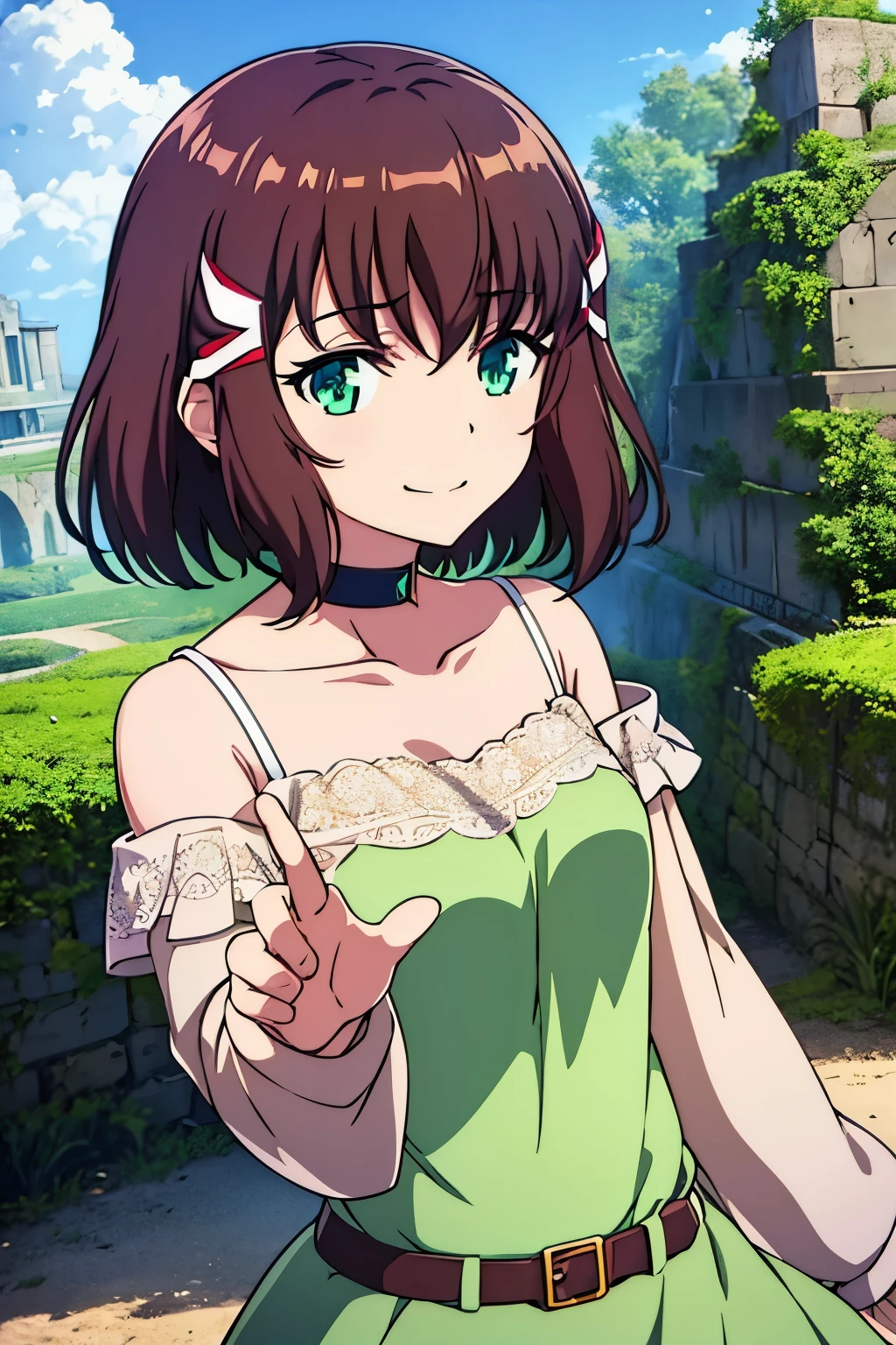 shoko sashinami, valvrave, 1 girl, brown hair, green eyes, fantasy world, ruins, fort, beautiful sky, shining sky, sunshine, smiling, waving, belt, ribbon choker, choker, ribbon, dress, lace dress, black camisole and white sweater, off-shoulder sleeves