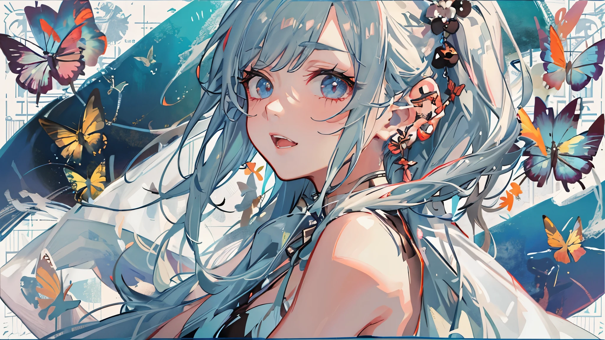 ((8K resolution))、((highest quality))、((masterpiece))、((Super detailed))((((dramatic))), (anatomically correct)、(focus on character)、anime style、 (tachi-e), 1 female、jagged teeth、double teeth、eye highlights、gradient hair、tattoo、glamorous、High leg、spread your legs、front、blue sky、butterfly、erase the shadow、colorful、character chart