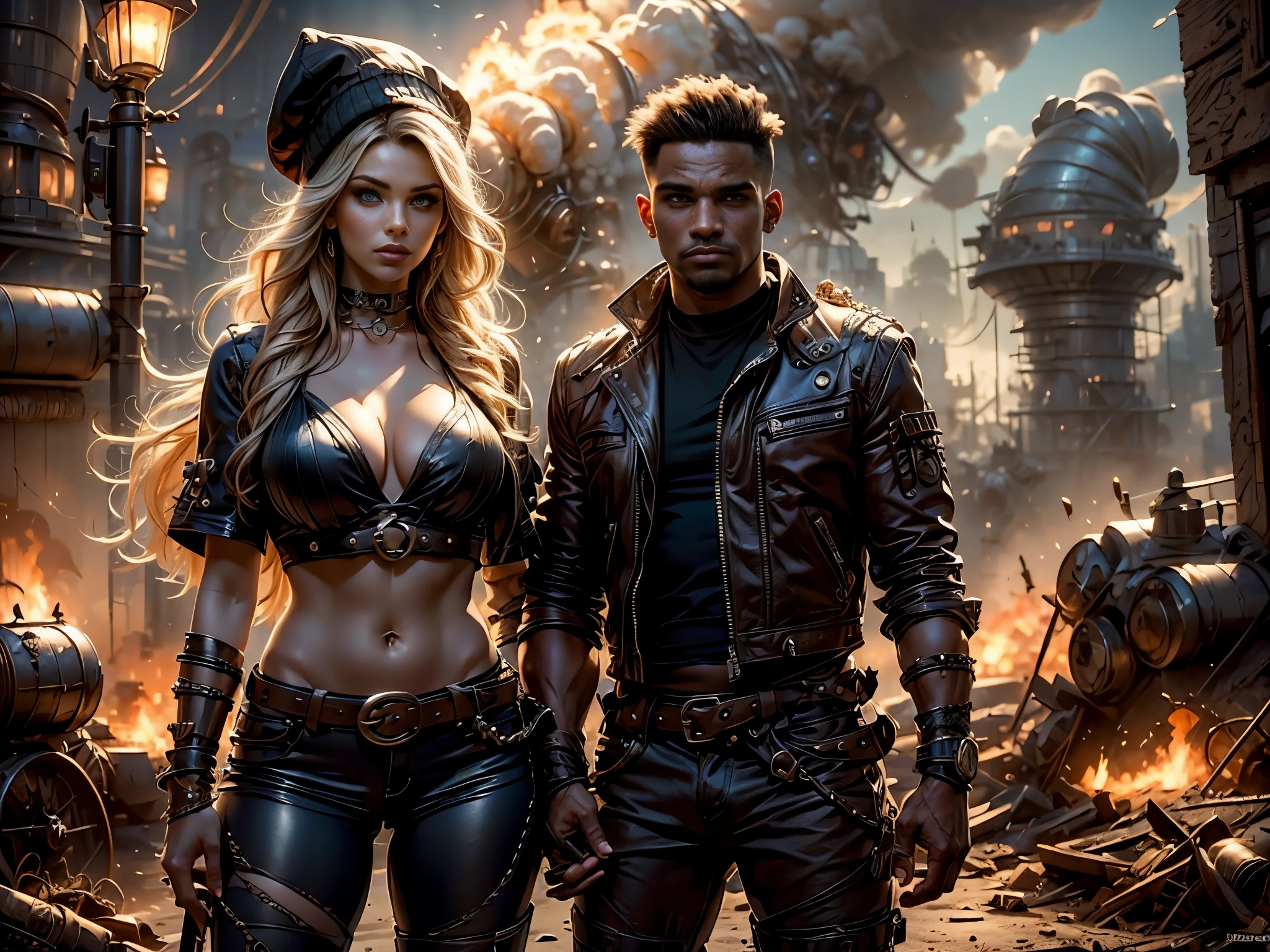 8K high resolution and sharp image. La imagen debe ser super original y compleja, con una variedad de colores hermosos y vibrantes.(Obra maestra, Mejor calidad),incredibly beautiful young heterosexual couple kissing face to face on the streets, This illustration captures beautiful punk style radiant, flowing hair... vestida al estilo Mad Max, lleva un gorro de piloto de cuero adornado con intrincados adornos, una chaqueta de cuero rasgada que cubre su torso adornado con numerosos adornos y tachuelas de metal. Her outfit is completed with punk-inspired pants and combat boots...She poses dynamically and sensually.., her captivating expression, radiating an aura of confidence and challenge. The backdrop of this masterpiece is nothing short of epic..,de noche, showing a destructive apocalyptic explosions scene, 32k