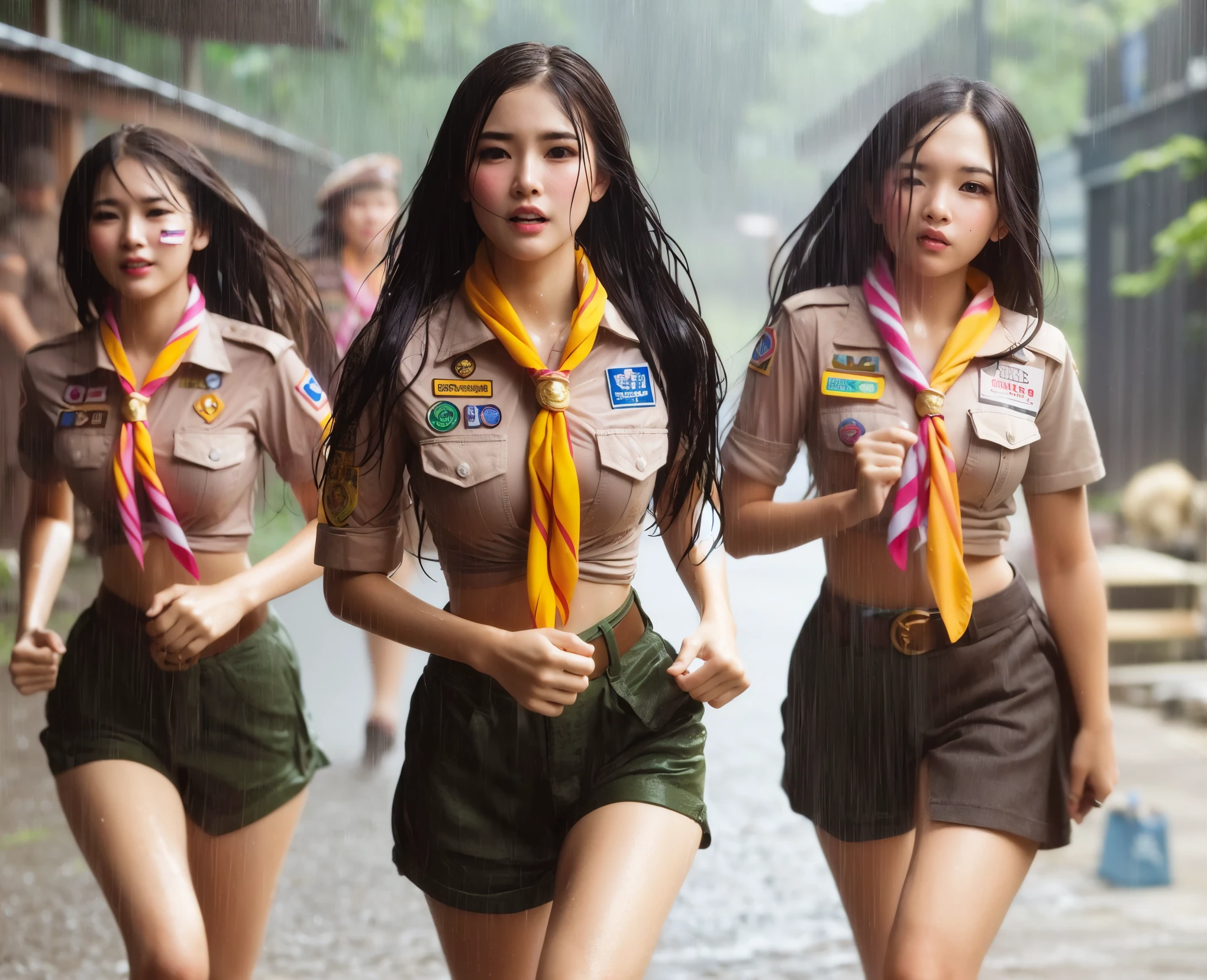 (8k, RAW photograph, best quality, Masterpiece:1.3),(TRUE,photograph:1.37),(look at the audience:1.331),(black hair),Pose,By the beach,morning view,sunrise,clear sky,1 girl,Very beautiful face,small,Put your hands down,pony hairstyle,Hair weight,soft hair,Shoulder length,straight hair,Random expressions,smile at the corner of the mouth,Big eyes,(t-shirt,round neck,short sleeve,solid color,Shirt color),(Wear pantix 4,No hair ornaments.,best quality Hair