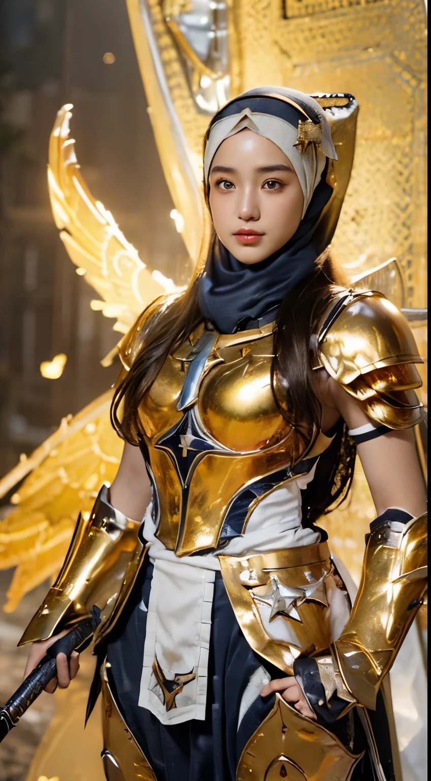 (Beautiful Japanese teenage girl 15 years old), ((Top  Quality, masterpiece: 1.3)), focusing: 1.2, Perfect body care: 1.4 , (Wearing Hijab:1.2), ((Highly detailed face and skin texture)), Extremely realistic, Ultra detailed, HD, Portrait, 8K, Dressed in white and gold with spread wide big wings, (holding single flaming gold iron swords:1.2), (wearing hijab:1.5), (full iron golden armor shield:1.5), ornate cosplay, as a mystical valkyrie, the sailor galaxia, beautiful, white and gold priestess robes, anime cosplay, glamourous cosplay, with fiery golden wings, ((full iron trousers armor)), cosplay, professional cosplay, goddess of light, full body angel, cosplayer, perfect makeup, perfect face, beautiful face, beautiful body, arms covered with cloth, thighs covered with cloth, waterfall background, ((body object floating flying in the air:1.2)), foggy, fantasy weather, lightning strikes on either side, dramatic sttudio lighting, The atmosphere looks real, Full body shot, Front angle, ultra realistic, Professional、beautiful detail glow、Depth of bounds written、(((High chroma)))、(((real:1.9)))、((vivid:1.4))、((beautiful skin))、((skin texture))、((Real skin feel))、(((cowboy shot:1.5)))、((Angle seen from the front:1.5)), Front angle shot,