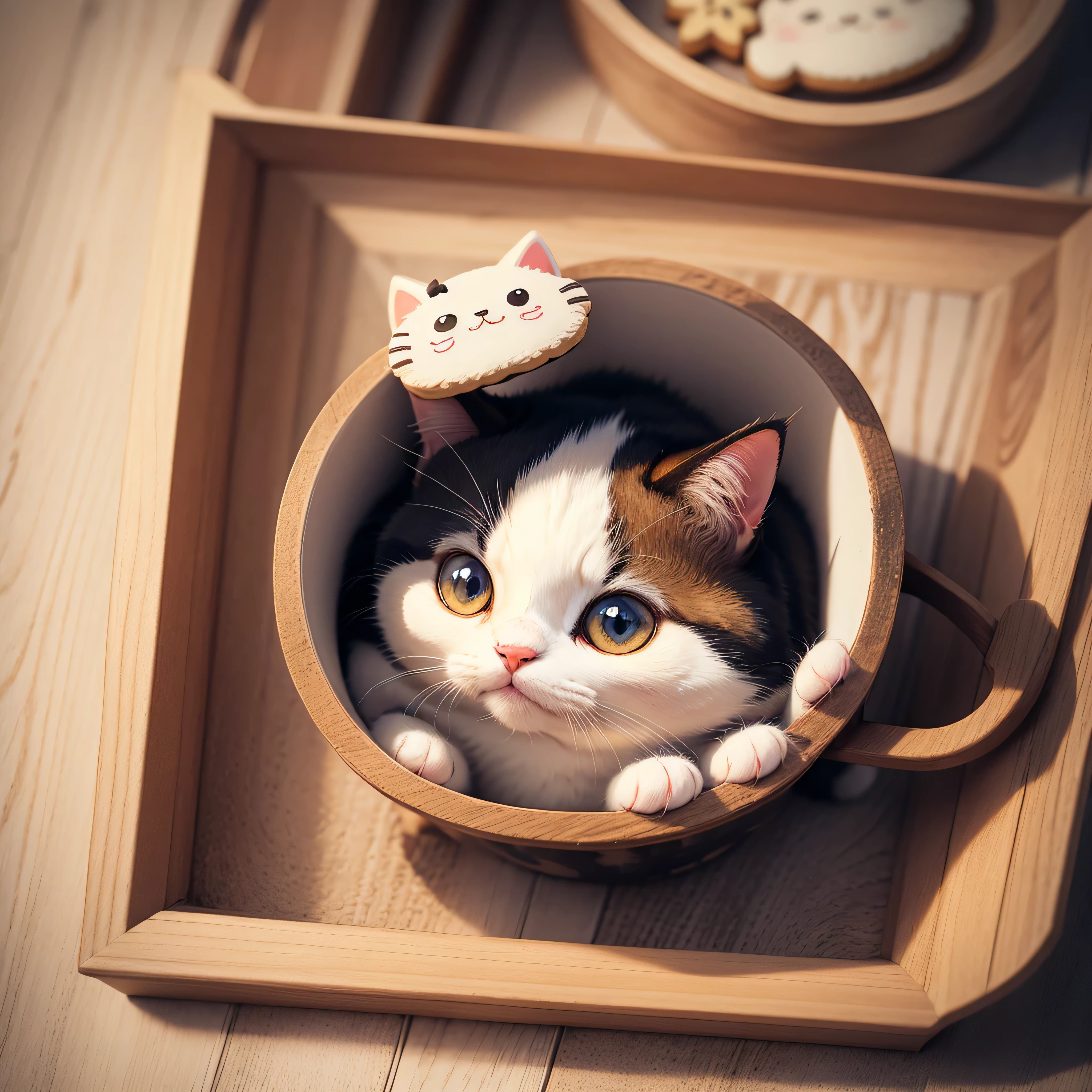 adorable cute cat, Illustration, No background, anime, milk, cookie, in flower frame