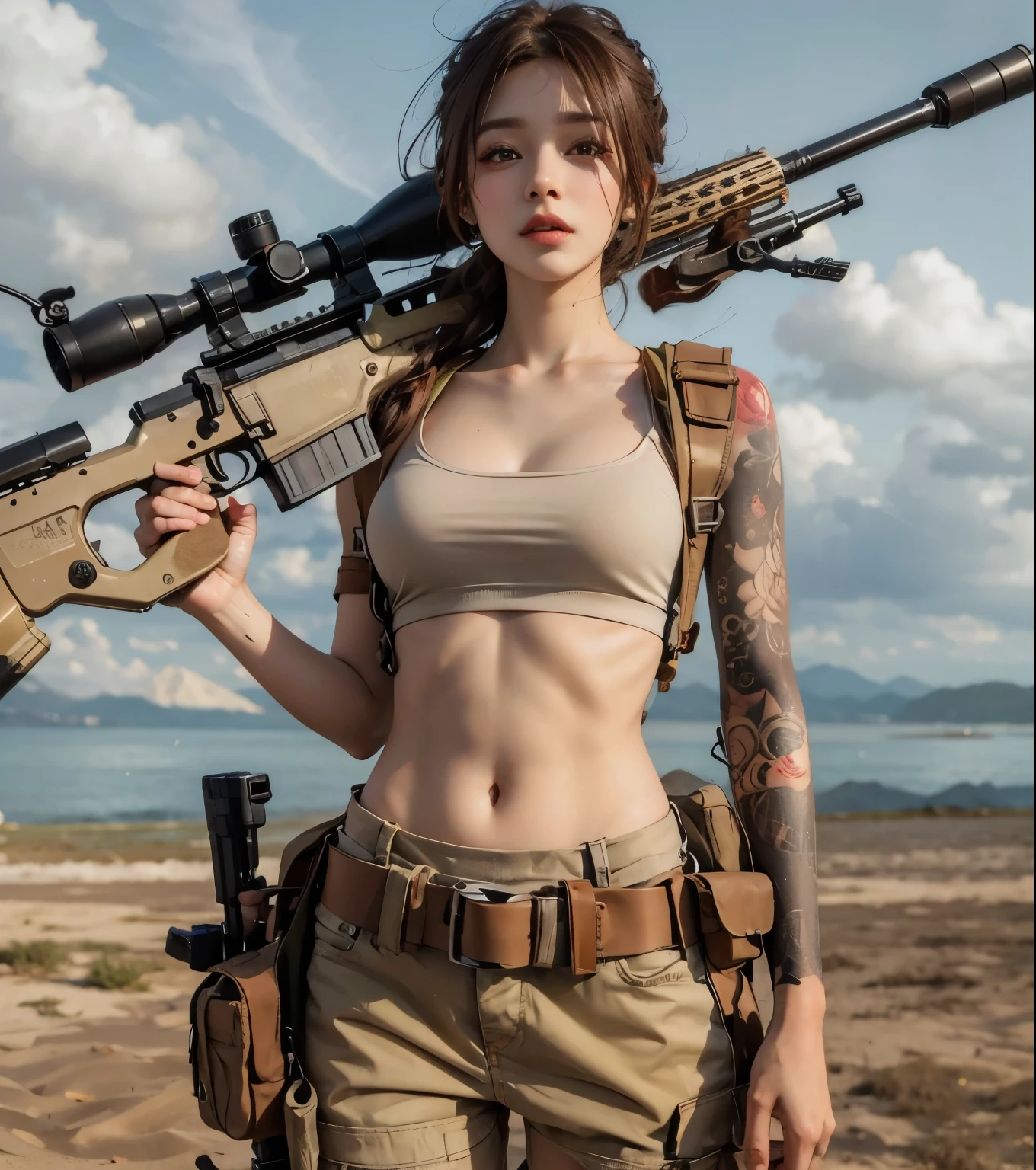 （Modify hair only、Face）Reddish-brown hair，Long curly hair，high ponytail，red headdress，red eyes，red eye，red pupils，Delicate and detailed eyes，sparkling eyes，Automatic Rifle，tattoo