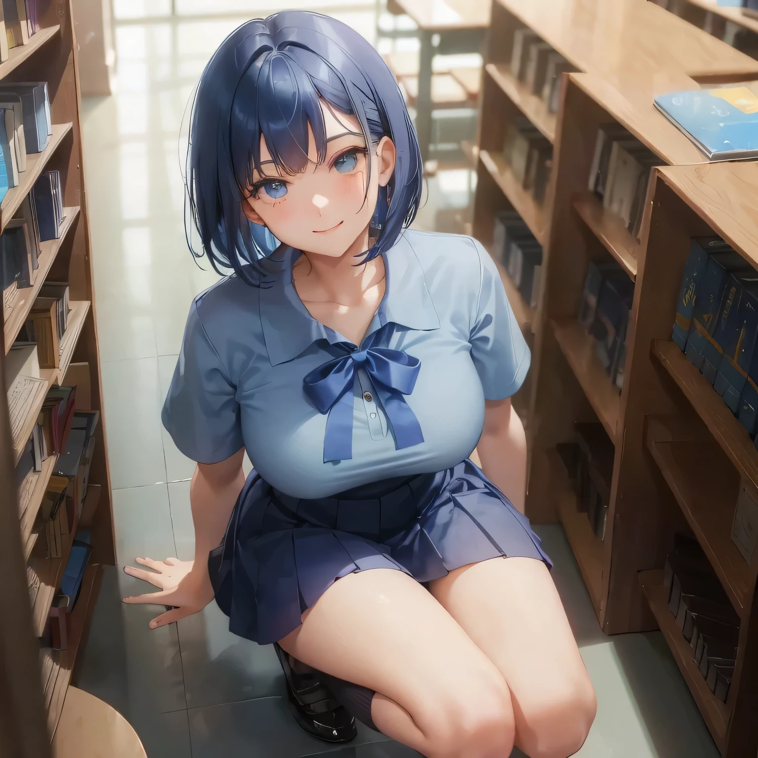 1 high school girl　17 year old female　bob cut　dark blue hair color　high school uniform　Light blue Y-shirt　short sleeve　blue ribbon　dark blue hair color　slender body shape　big breasts　full body portrait　学校のlibrary　smile gently　cheerful look　library　hand sign　squat　kneel down　look up here　