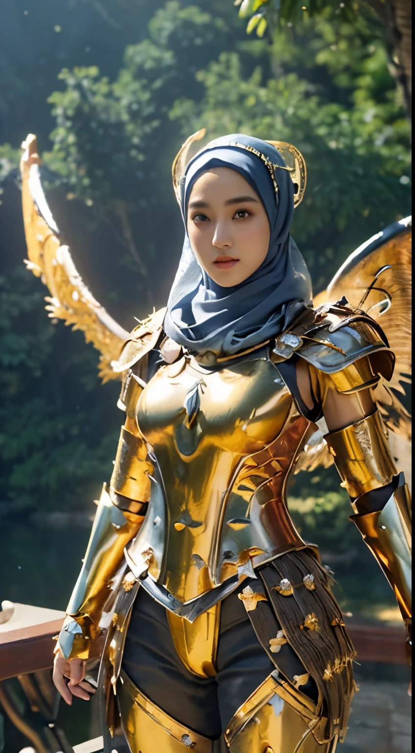 (1 Japan cutes teen with idol style), ((Top  Quality, masterpiece: 1.3)), focusing: 1.2, Perfect body care: 1.4 , (Wearing Hijab:1.2), ((Highly detailed face and skin texture)), Extremely realistic, Ultra detailed, HD, Portrait, 8K, Dressed in white and gold with spread wide big wings, (holding single flaming gold iron swords:1.2), (wearing hijab:1.5), (full iron golden armor:1.5), ornate cosplay, as a mystical valkyrie, the sailor galaxia, beautiful, white and gold priestess robes, anime cosplay, glamourous cosplay, with fiery golden wings, ((full iron trousers armor)), cosplay, professional cosplay, goddess of light, full body angel, cosplayer, perfect makeup, perfect face, beautiful face, beautiful body, arms covered with cloth, thighs covered with cloth, waterfall background, ((body object floating flying in the air:1.2)), foggy, fantasy weather, lightning strikes on either side, dramatic sttudio lighting, The atmosphere looks real, Full body shot, Front angle, ultra realistic, Professional、beautiful detail glow、Depth of bounds written、(((High chroma)))、(((real:1.9)))、((vivid:1.4))、((beautiful skin))、((skin texture))、((Real skin feel))、(((cowboy shot:1.5)))、((Angle seen from the front:1.5)), Front angle shot,